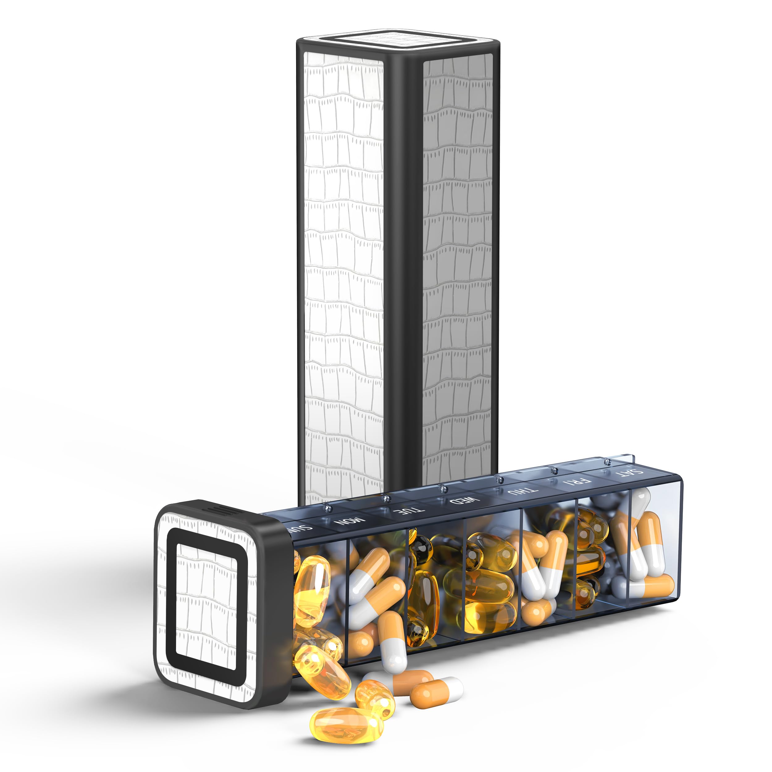 Pilulier hebdomadaire discret en cuir pour 7 jours, pour sac à main ou poche, planificateur de médicaments quotidien, 1 fois par jour, support de vitamines et de suppléments (blanc)