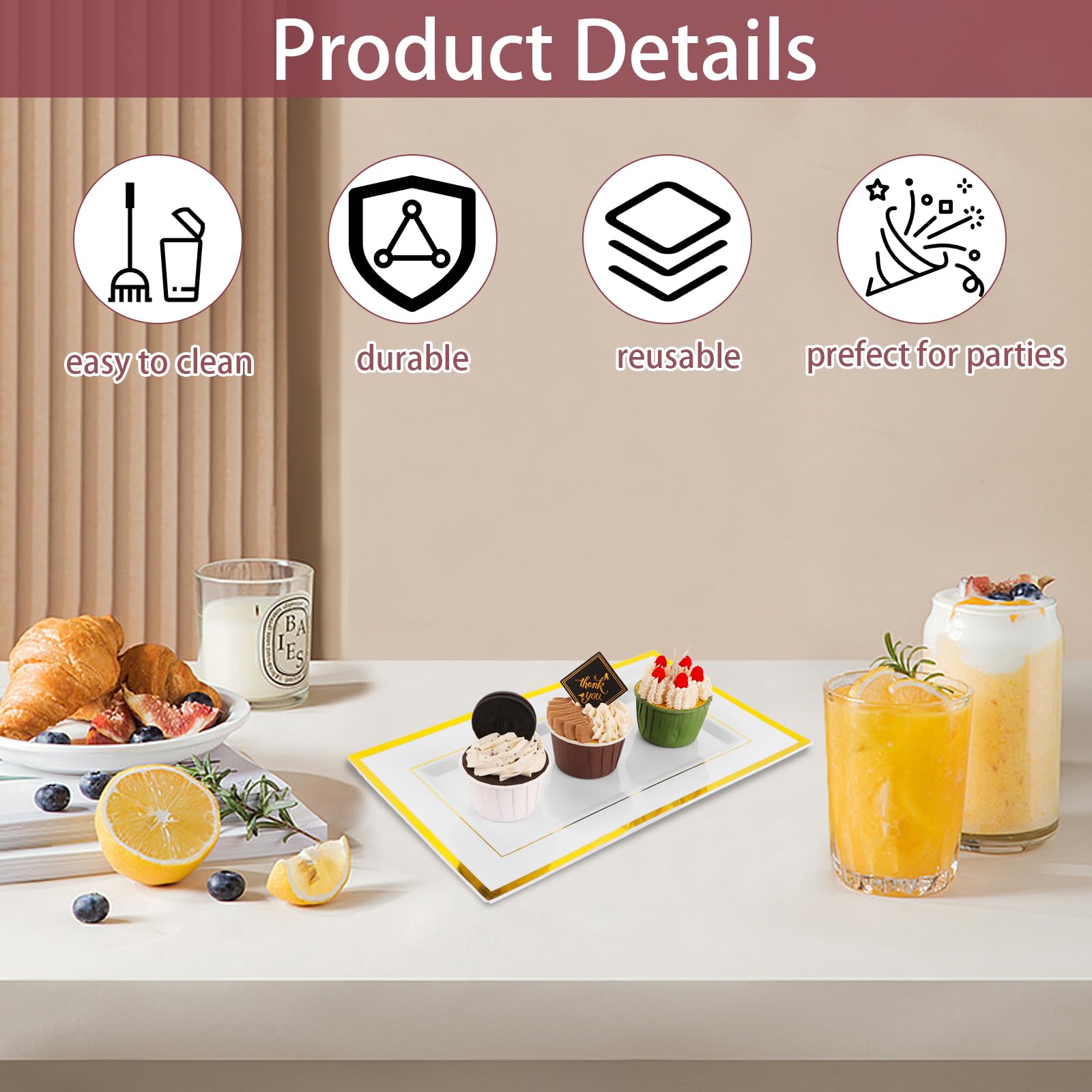 10 Stück Weiße Plastik Servierplatten mit Goldrand, 33x20x1,5cm Kunststoff Serviertablett Weiße, Servierplatten Kuchenplatte Rechteckig für Buffets, Sushi, Catering, Buffets, Geburtstage