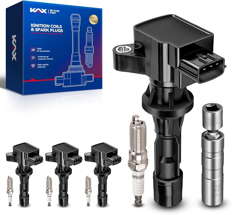 Kit de bobinas de ignição e velas de ignição de irídio KAX para Mazda 3, Mazda 6 e CX-7 – 4 bobinas e 4 velas