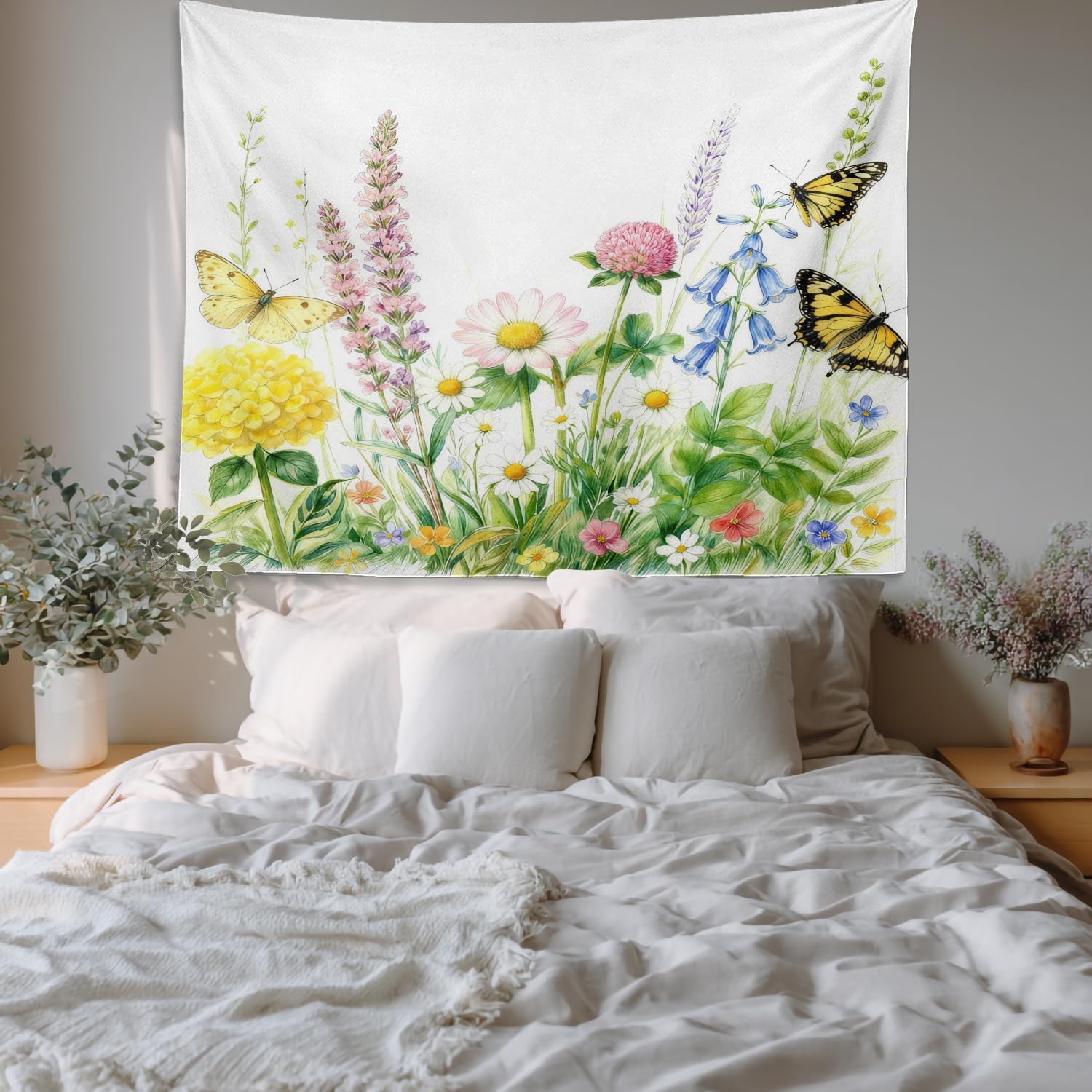 Batmerry White Leaves Botanical Tapestry, Romantic Flower Victorian Border Dragonfly Wildflower Hippie Trippy Tapestry Wall Art Meditation Decor for Bedroom Living Room Dorm, 59.1 x 82.7 Inches
