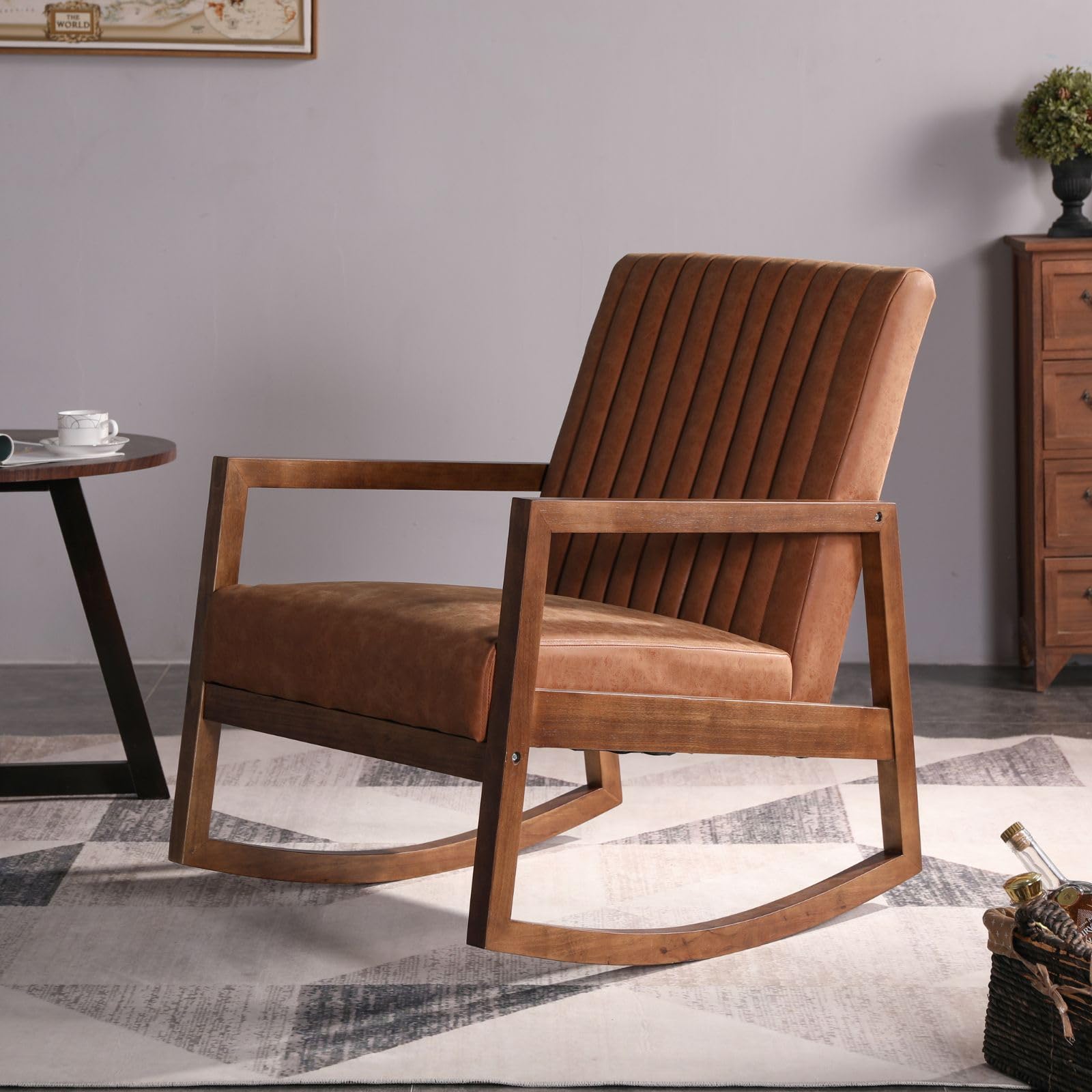 Ya-Home Schaukelstuhl Holz Stillstuhl aus PU Leder Mid-Century Sessel Schaukelsessel mit Holzrahmen gepolsterter Schwingsessel mit Armlehnen für Wohnzimmer/Schlafzimmer/Balkon, Braun