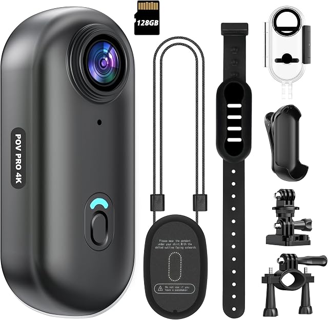4K Mini WiFi Appareil photo 128GB Pouce POV Enregistreur vidéo portable avec caméra portable IPX7 Caméscope sous-marin étanche, Mont casque, Sport magnétique DV pour vélo, animal de compagnie, Vlogging(Noir)