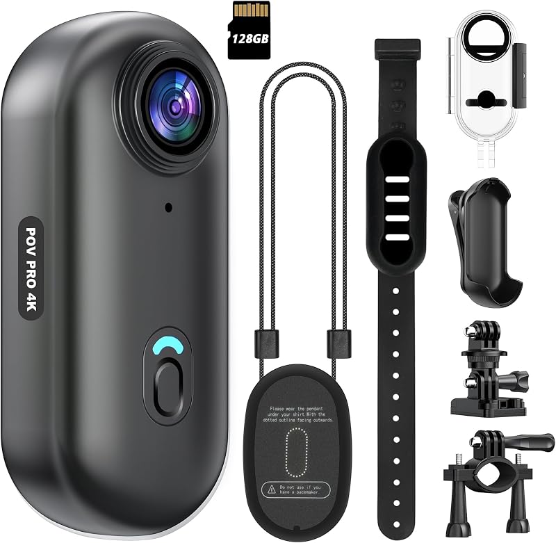 Mini cámara de acción WiFi 4K, 128 GB, cámara corporal portátil POV para pulgar, grabadora de vídeo portátil con videocámara subacuática impermeable IPX7, soporte para casco, DV deportivo magnético para bicicleta, ciclismo, mascotas, vlogging (negro)