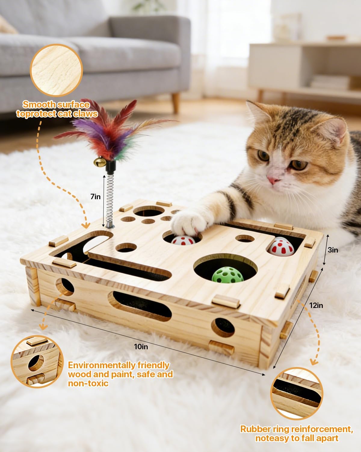 Cat Scratch Puzzle Enrichment Box, Large Solid Wood Construction Cat Nail File Enrichment Box with Sandpaper Inside, Cat Nail File Box Stress Free Alternative to Clippers and Grinders