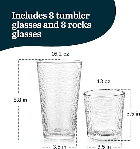 Miniatura 3 de Libbey Yucatan - Juego de vasos y vasos de roca, juego de 16 vasos texturizados, juego de vasos de vidrio multiusos para eventos y uso diario