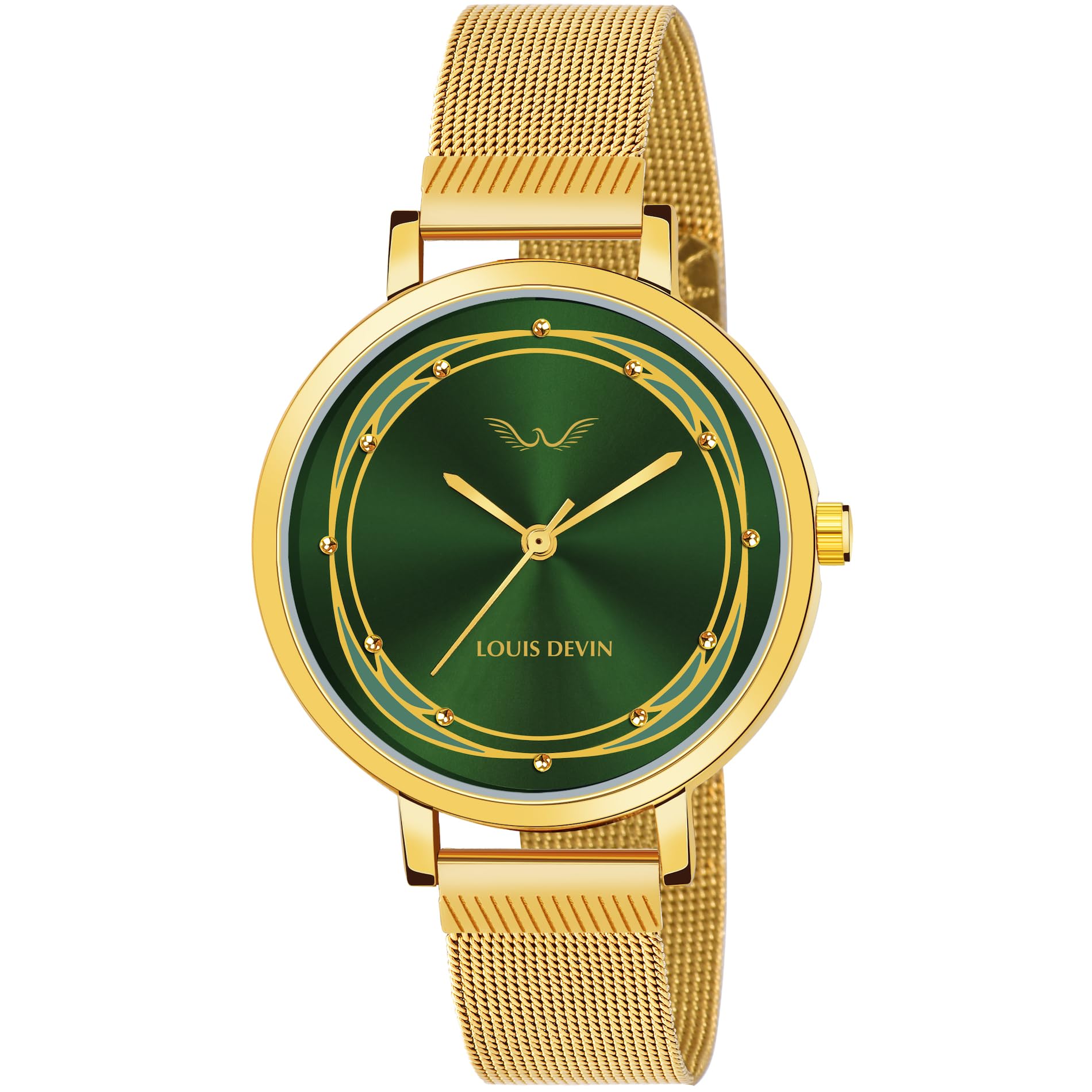 LOUIS DEVIN Gold Plated Metal Mesh Chain Analog Watch for Women (Green Dial) | LD-GLD171-GRNGLD (B0CF2KJ8Z2) Amazon Price History, Amazon Price Tracker