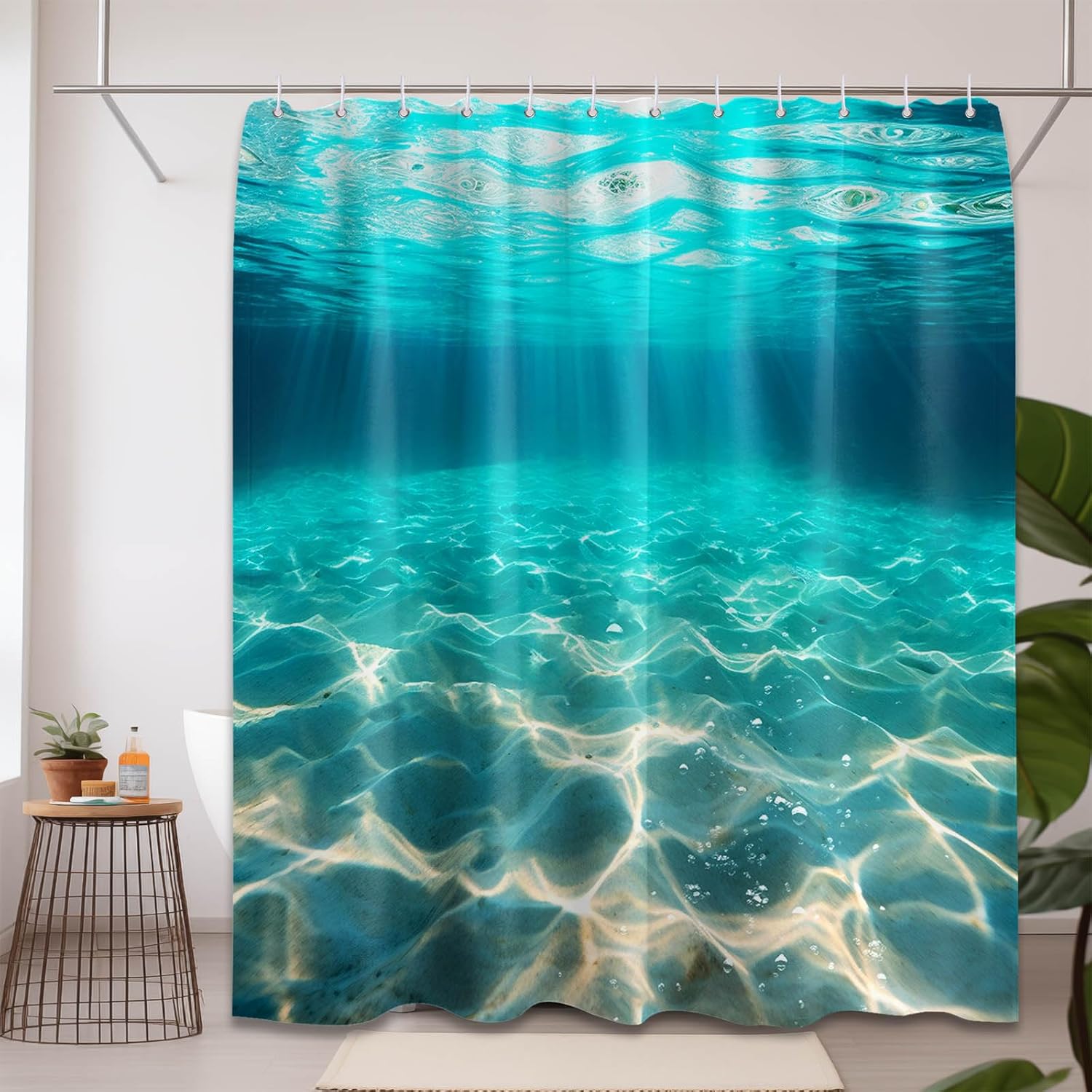 Underwater Shower Curtain Ocean Under The Sea Teal Blue Beach Bathroom Decor, Waterproof Cloth Fabric with Hooks, 70x84 Inches