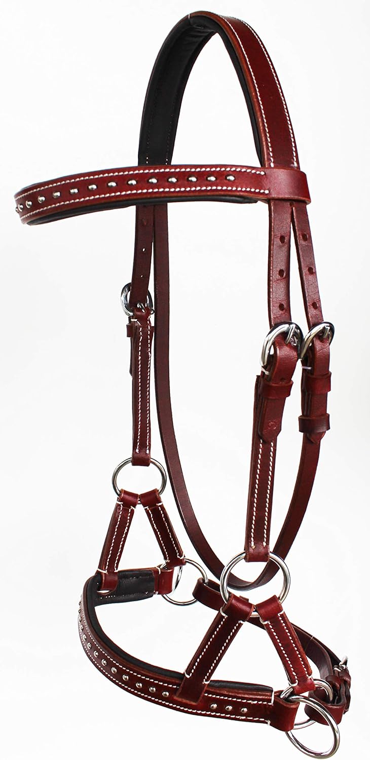 English Bridle Headstall Reins Cowhide Genuine Leather Horse Crossover Crossunder Raised Fancy Stitched Laced All Purpose Jumping Dressage Rubber Crystal Padded Adjustable Browband Full-Cob,M01
