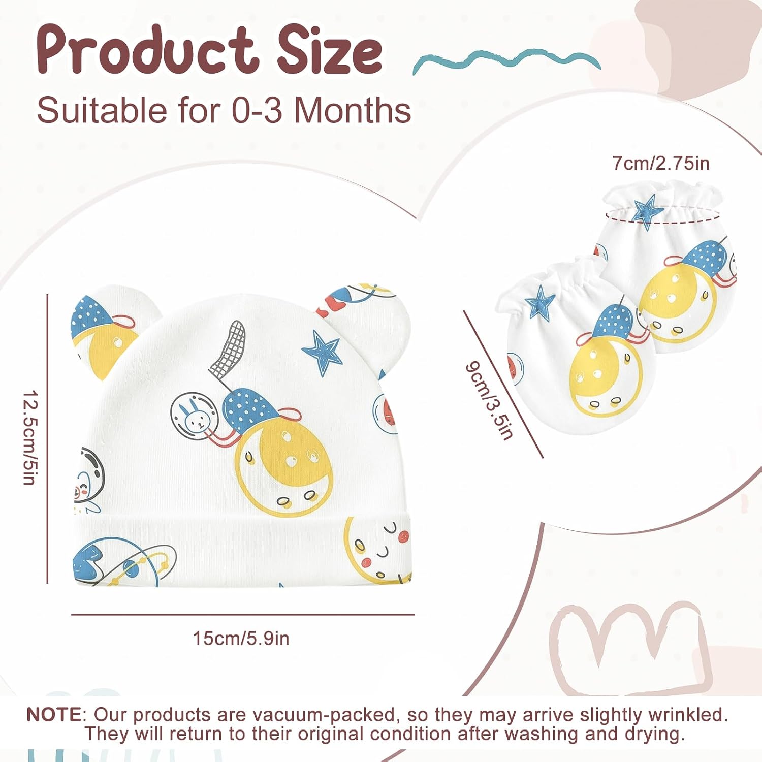 Newborn Baby Hats and Mittens Set, Cotton Infant Baby Boy Girl Bear Ears Caps and Mittens for 0-3 Months