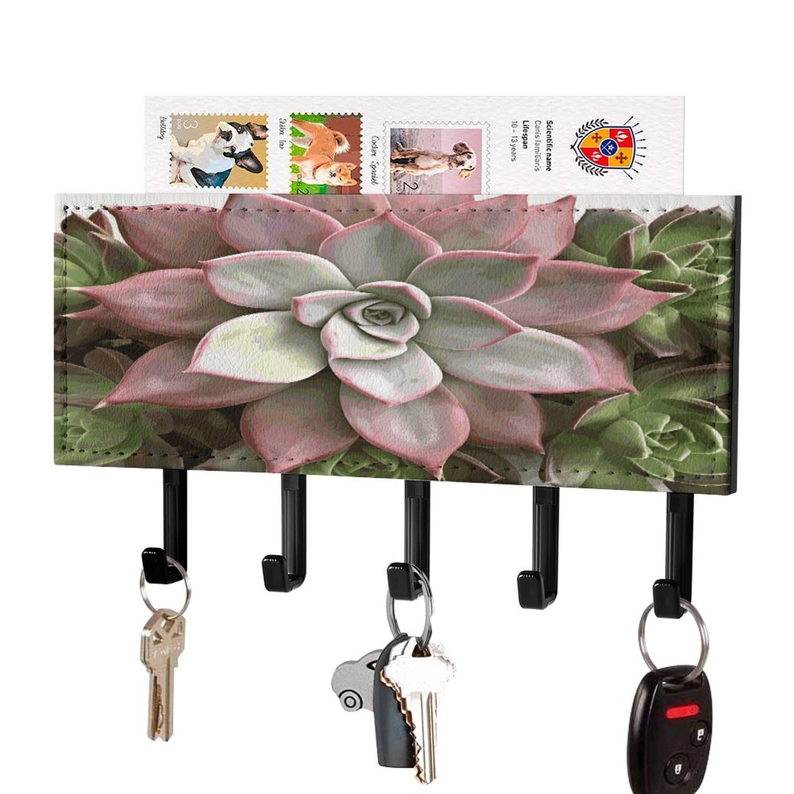 LDGSUPH Succulent Botanical Key Holder Wall Mount Key Hanger with 5 Hooks Fashion Key Organizer Rack Hanging Key Hooks with Mail Organizer Key Rack for Home Entryway Hallway Black-Style