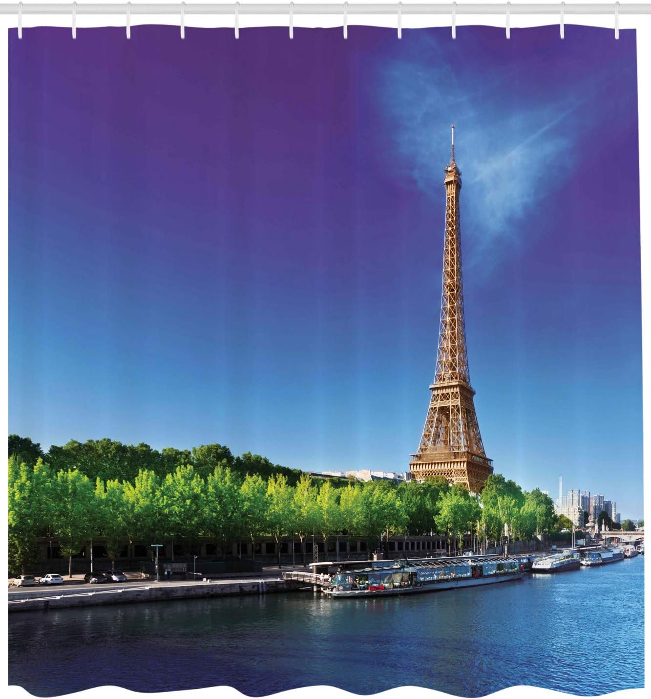 Ambesonne Eiffel Tower Shower Curtain, Seine Paris with Eiffel Tower Sunrise Trees River Nature Panorama, Cloth Fabric Bathroom Decor Set with Hooks, 69" W x 84" L, Green Blue