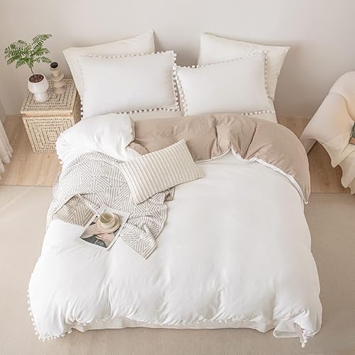 Miniatura 4 de Bedbay Juego de edredón estético bohemio, tamaño Queen, edredón blanco, elegante con pompones, flecos y flecos, juego de edredón ligero de