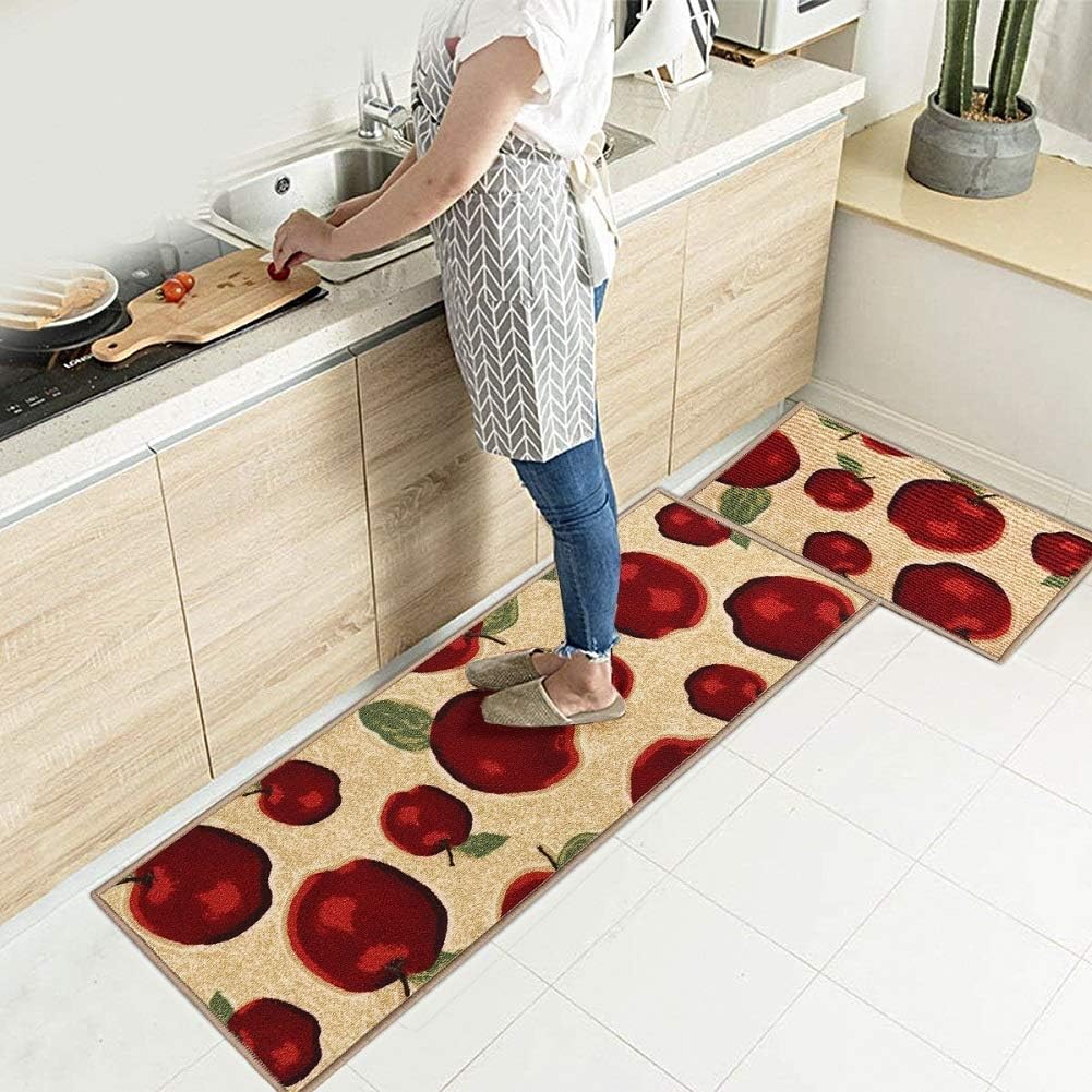 EGOBUY 2PCS Kitchen Rug Set Washable Kitchen Non Slip Area Rugs Mats for Runner Corner Bathroom Home Decoration Doorway Kitchen Pets Welcome Rug (Large, Apple) (Apple, Large)