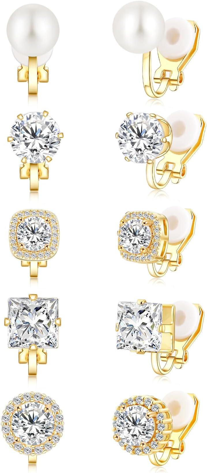Cubic Zirconia Clip on Earrings - Women Hypoallergenic Comfortable Non Pierced Stud Earrings for Wedding and Dance Competitions, Clip-on Earrings Silver Gold