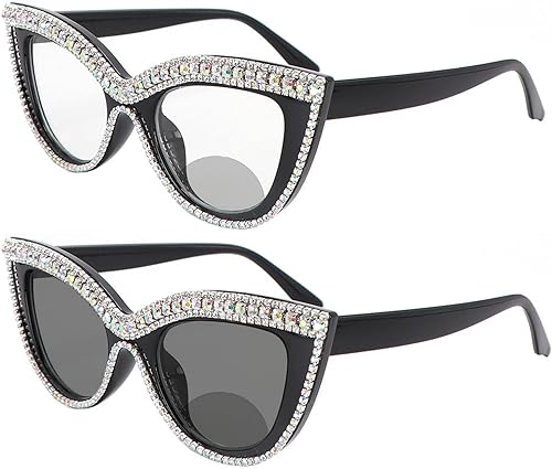 helena Lentes de lectura bifocales de ojo de gato fotocromático de transición invisible para mujer, con diamantes de imitación de cristal