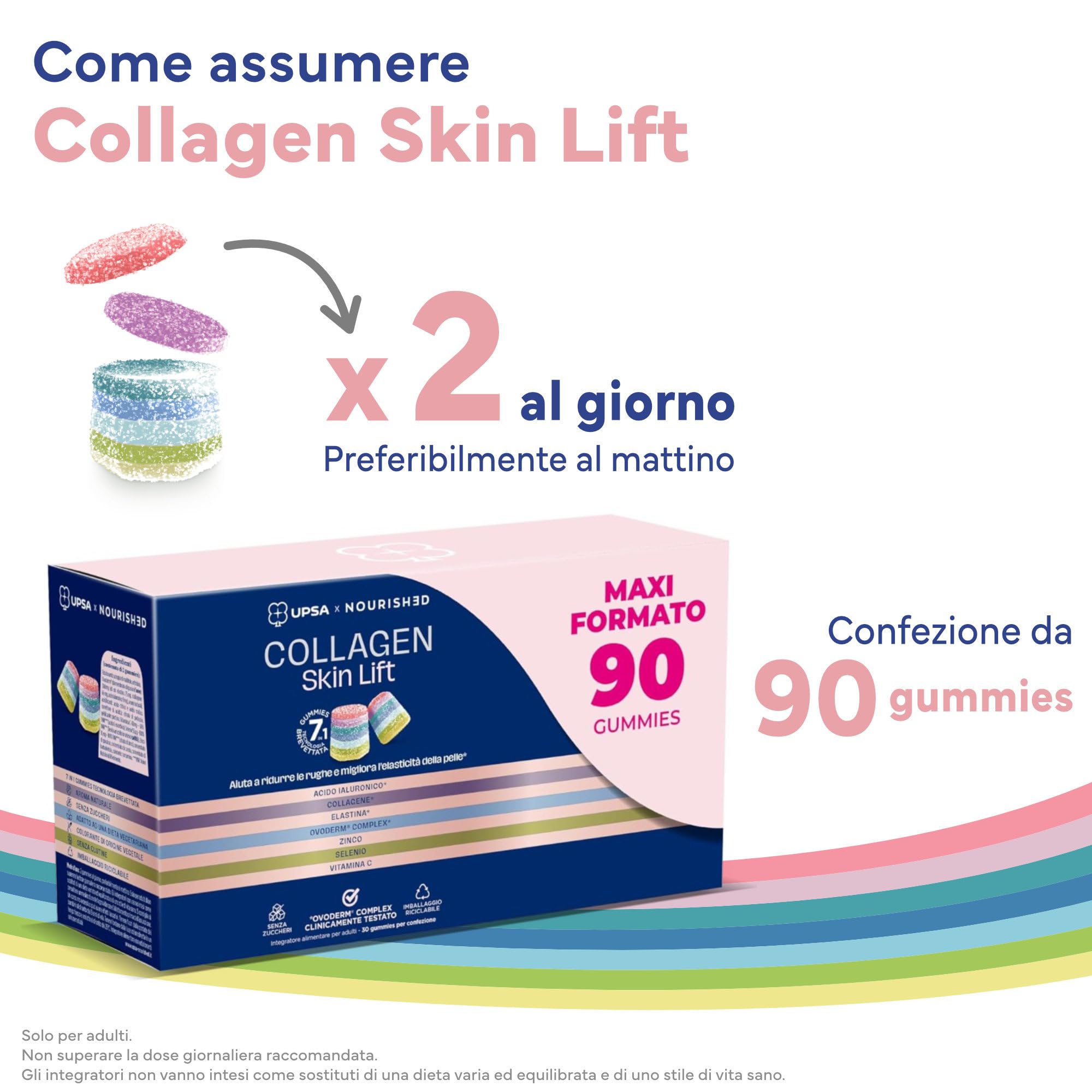 UPSA x Nourished Collagene Skin Lift, con Acido Ialuronico, 90 Gummies | Integratore Alimentare Collagene Acido Ialuronico ed Elastina, Caramelle Gommose Gusto Frutta, Senza Zucchero, Vegetariano
