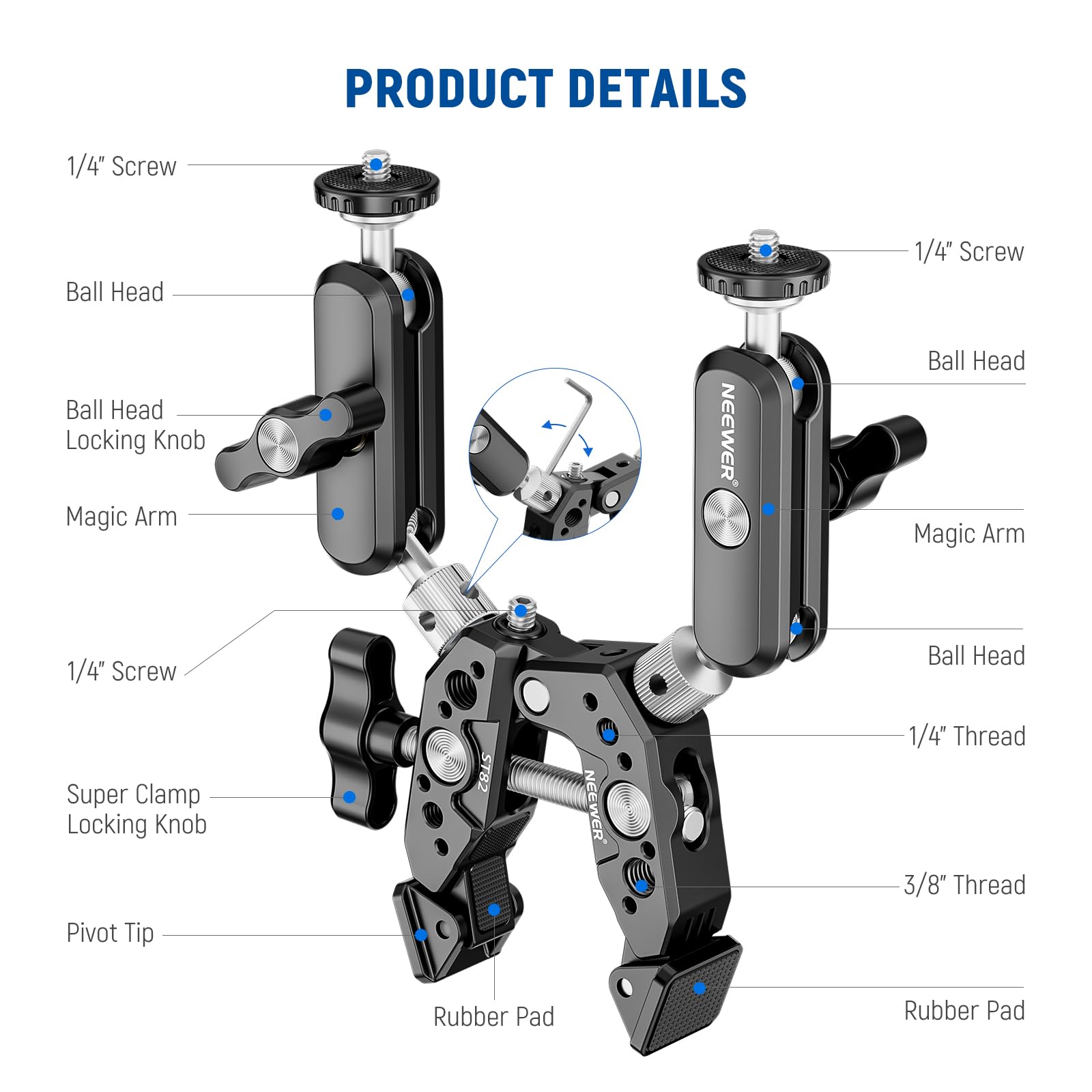 NEEWER Super Clamp z dwoma 360° Magiczne Ramiona Podwójna Głowica Kulista, Gwinty 1/4" 3/8", adapter do montażu telefonu i kamery akcji kompatybilny z GoPro dji Insta360 DSLR
