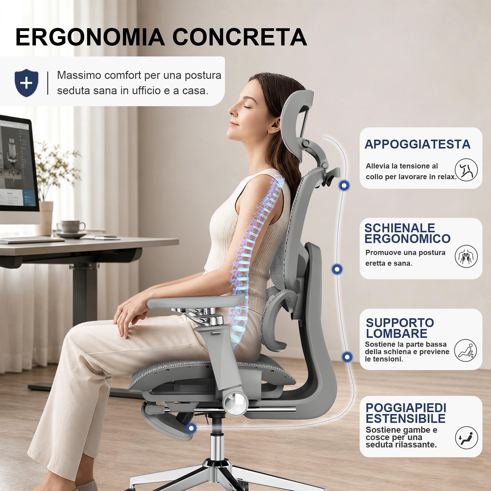 naspaluro Sedia Ufficio Ergonomica, Sedia Scrivania con Poggiapiedi Estraibile, Braccioli 6D, Seduta Regolabile, Schienale Rete Traspirant Supporto Lombare Poltrona Gaming, Carico 150 kg, Grigio