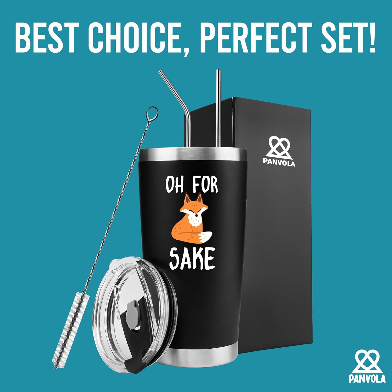 Panvola Oh For Fox Sake Travel Mug Funny Sarcastic Gifts For Coworker Office Gifts Fox Lover Sarcasm Joke Humor Vacuum Insulated Tumbler Stainless Steel With Removable Lid and Straw (Black, 20 oz) - Image 5