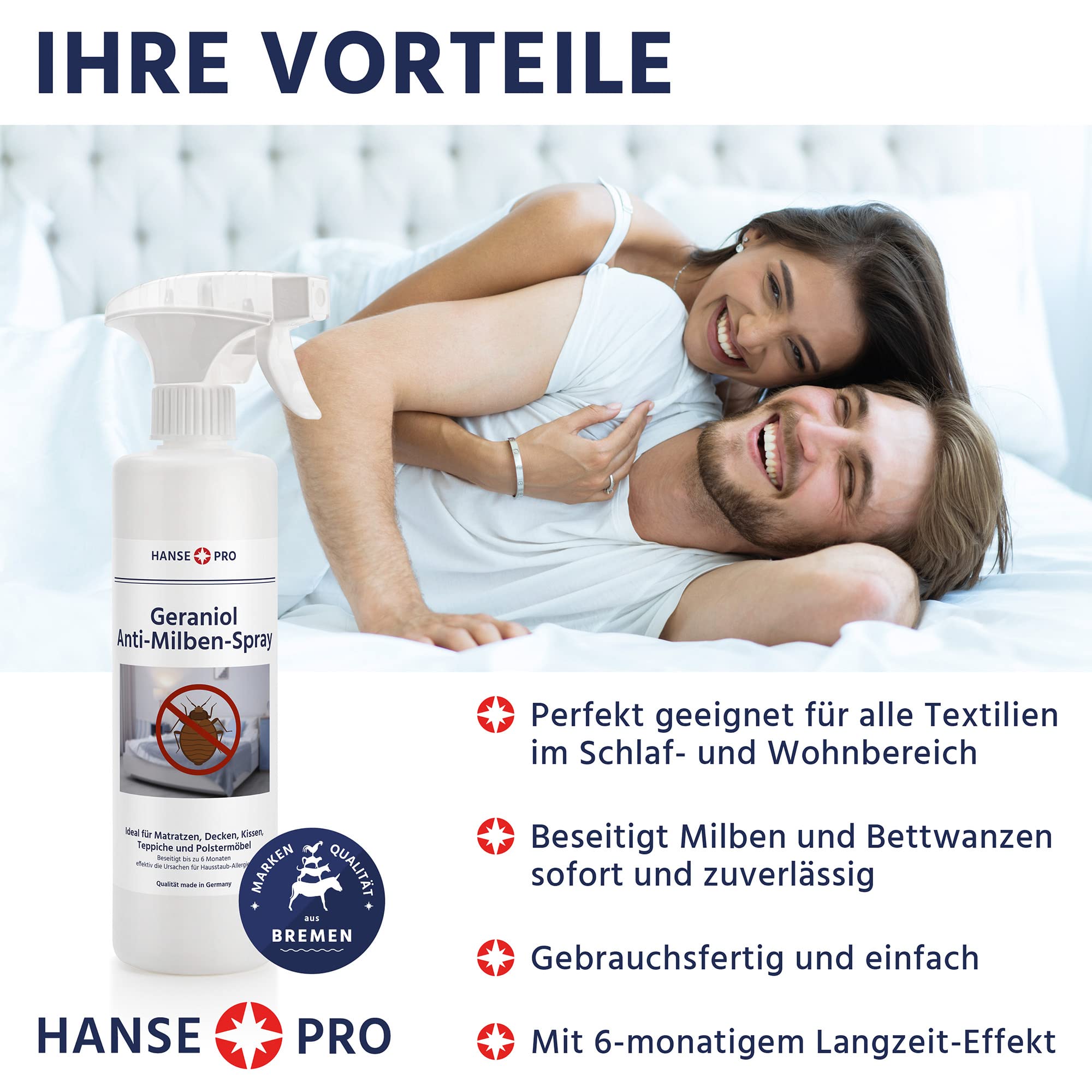 HANSE PRO Geraniol Anti-Milben-Spray I Hausstaub-Milben-Spray I Milbenschutz I Mittel gegen Bettwanzen & Milben I Hausstaubmilben-Allergie I Milben-Bekämpfung (4 x 500ml)