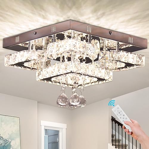 CXGLEAMING 11.8" Dimmable Crystal Chandelier Modern Crystal Ceiling Light Fixture LED Flush Mount Crystal Chandeliers for Living Room Bedroom Closet Kitchen (Remote Control)