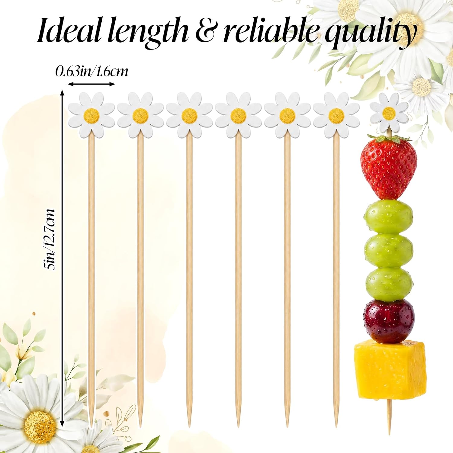 50Pcs Daisy Cocktail Picks 4.7 Inch Flower Cocktail Toothpicks Bamboo Daisy Fruit Skewers Decorative Toothpicks Food Sticks for Sandwich Drinks Floral Party Decorations Charcuterie Accessories