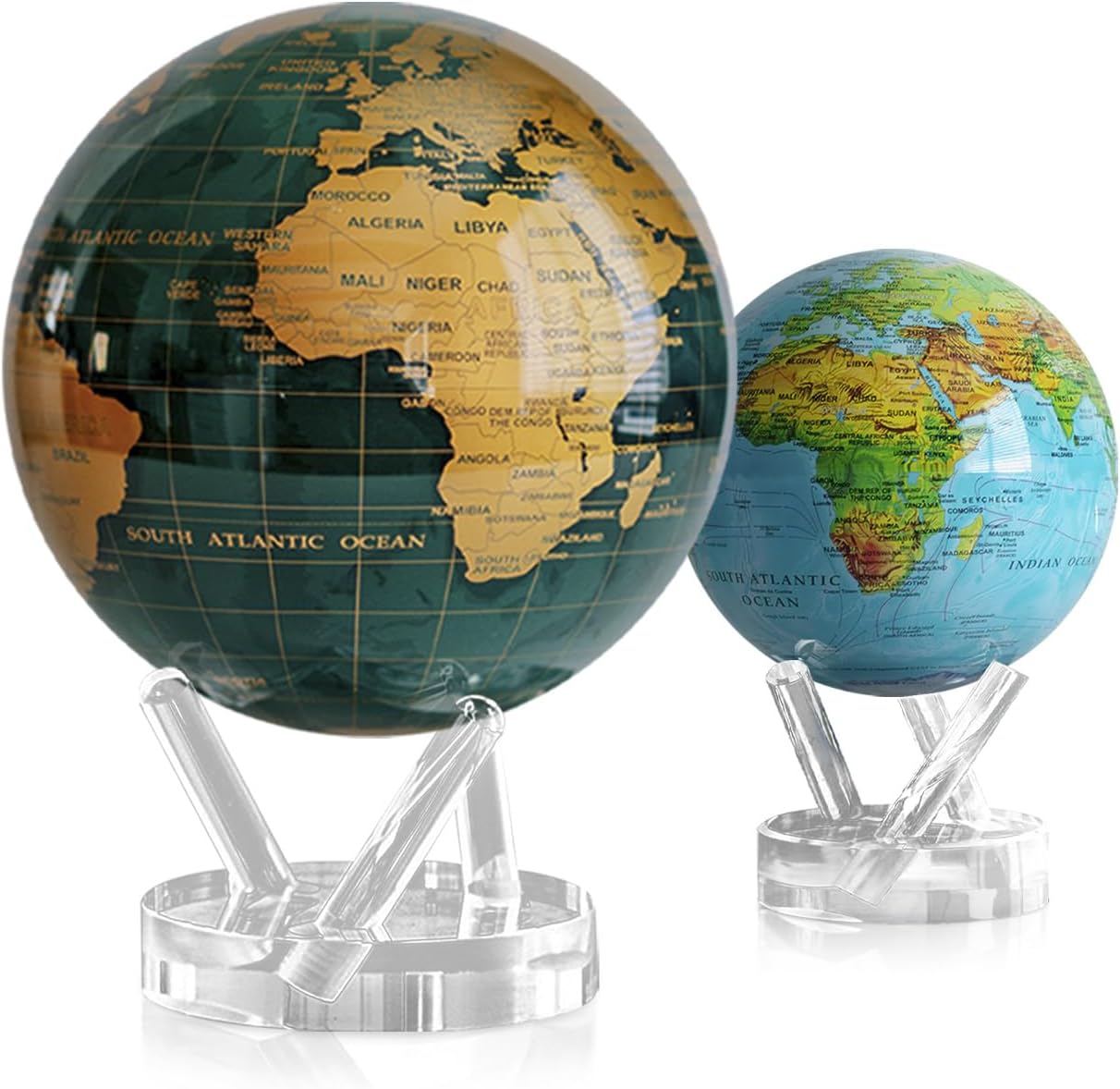 MOVA Green and Gold + Blue Relief Map Globe Bundle – 8.5" & 4.5" Solar-Powered Rotating Globes | Classic Meets Contemporary | Unique Gift for Decor or Education