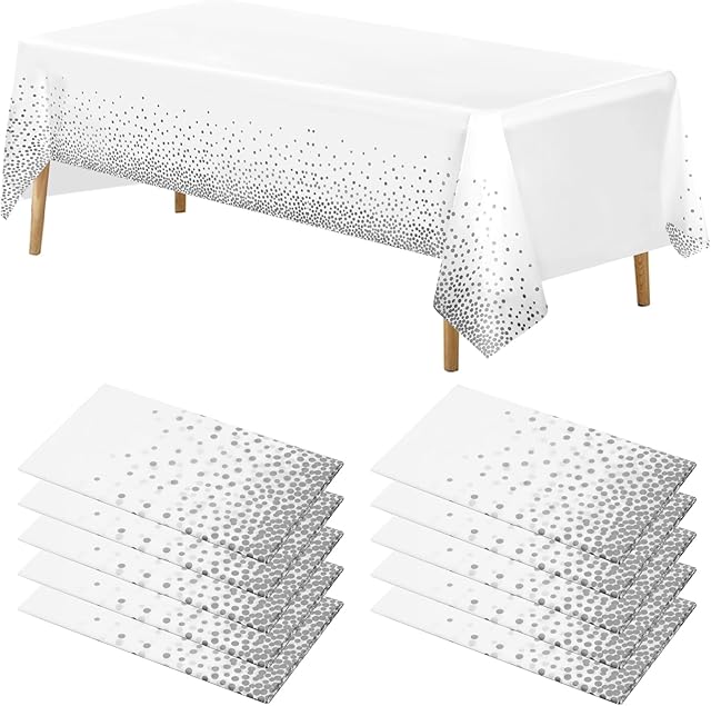 Pesonlook 10 Packs Disposable Plastic Tablecloths Rectangle Party Table Cover 54x108 Inch White and Silver Dot Confetti Tablecloth for Outdoor Picnic/Birthday Party/Baby shower/Wedding(54"x108")