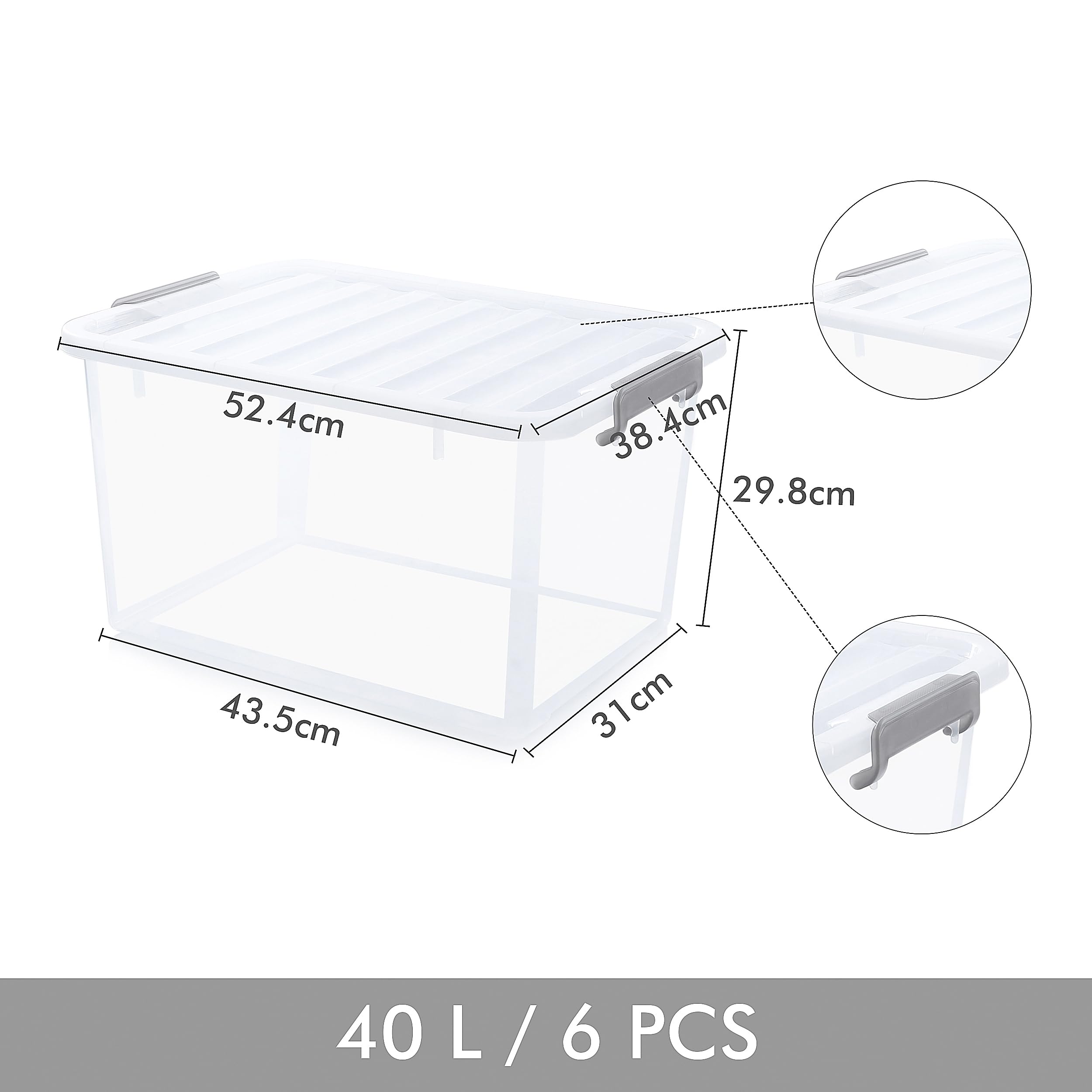 Citylife Juego de 6 Cajas de Almacenaje Organizadoras de 40 L con Tapa con Pinza Gris, Apilables para Organizar, Cajas de Plástico Grandes para Garaje, Armario, Aula, Cocina, 45,5 x 33,5 x 27 cm