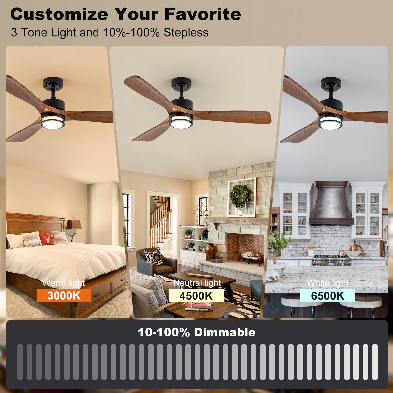 52 Outdoor Ceiling Fan with Light 3 Walnut Solid Wood Blade Remote Control 3CCT Dimmable LED Timer 6-Speed — view 2