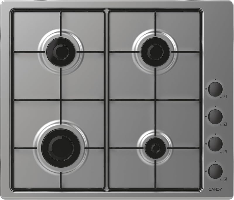 Candy Piano Cottura a Gas 4 Fuochi, Incasso, Inox, Griglie Smaltate Lavabili, Sicurezza Gas, Manopole Laterali, 59,5 x 51 x 0,8 cm (L x P x H) - CHW6LBX