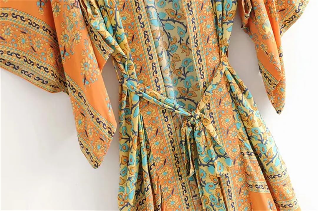 Disimlarl Kimono bohemio con estampado floral para mujer, cuello en V, mangas murciélago, maxi, bata para cubrir el bikini
