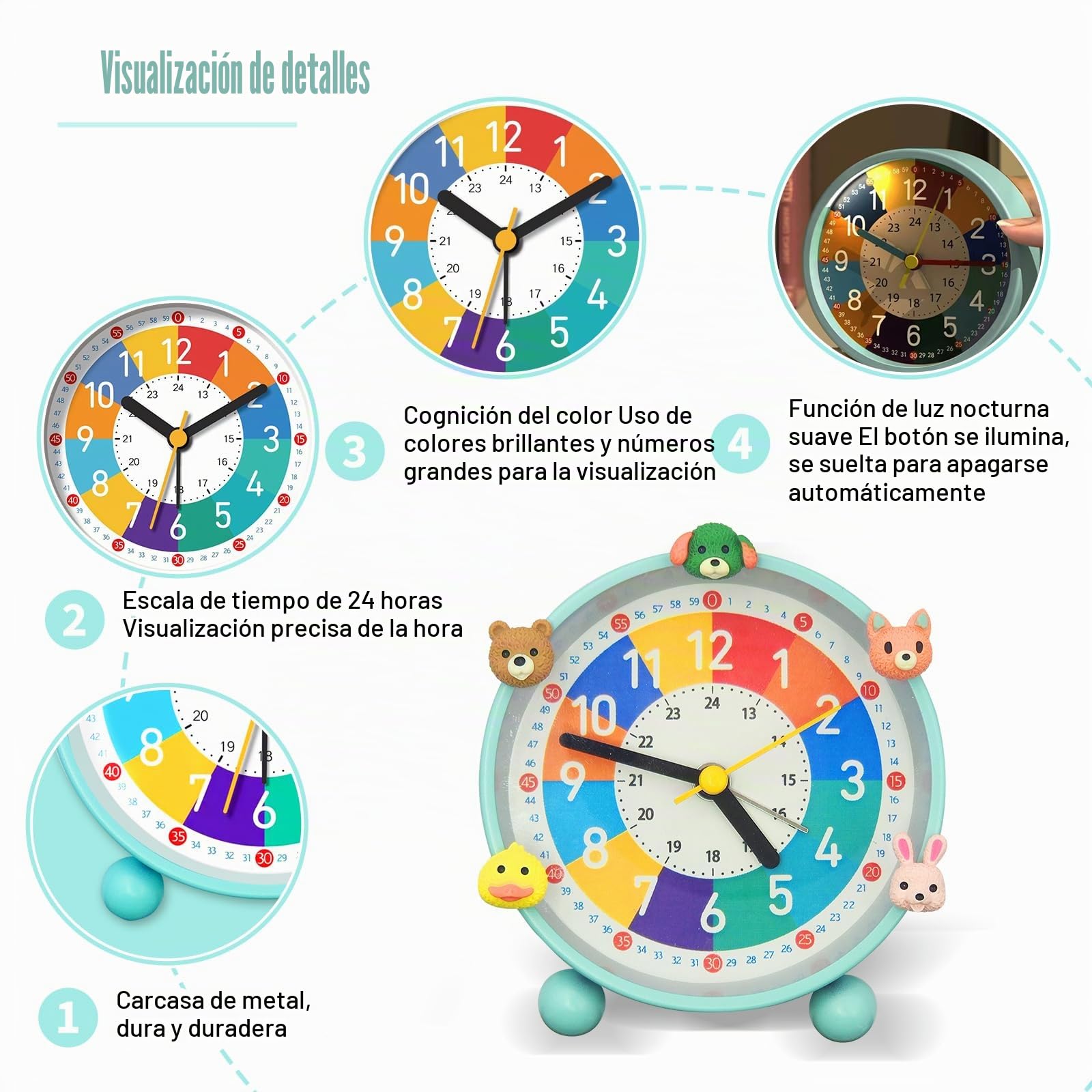 Despertador Infantil para Principiantes En La Escuela, Sin Sonido Tic-TAC, Con Función De Luz Nocturna Y Repetición, 5 Adornos Verde