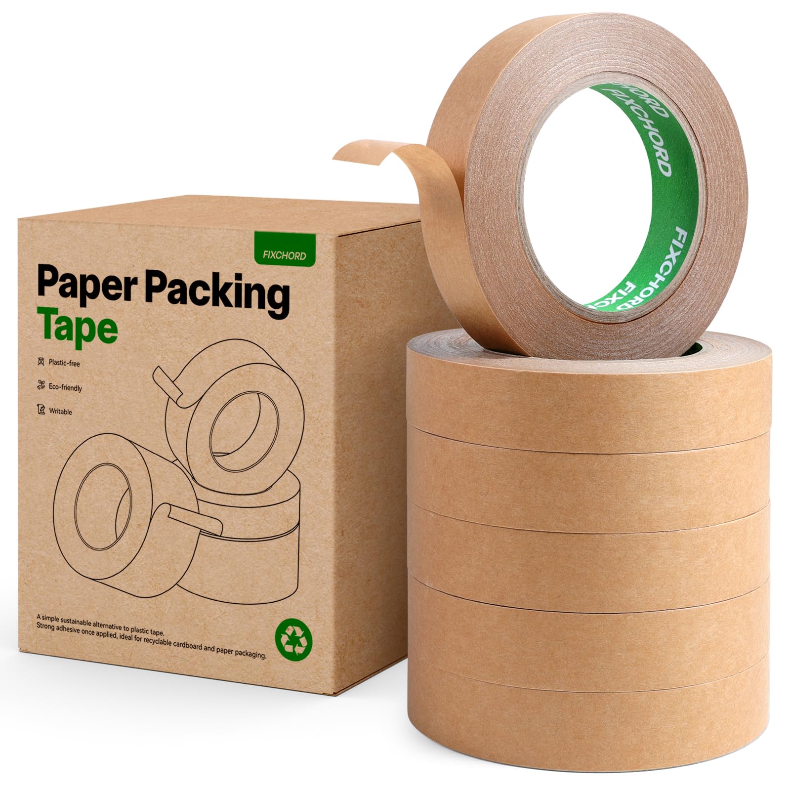 Ruban D'emballage en Papier 24mm x 50m | Recyclable, Inscriptible et imperméable | Ruban Adhésif Papier Kraft pour emballer des colis et des boîtes, déménager | 6 Rouleaux