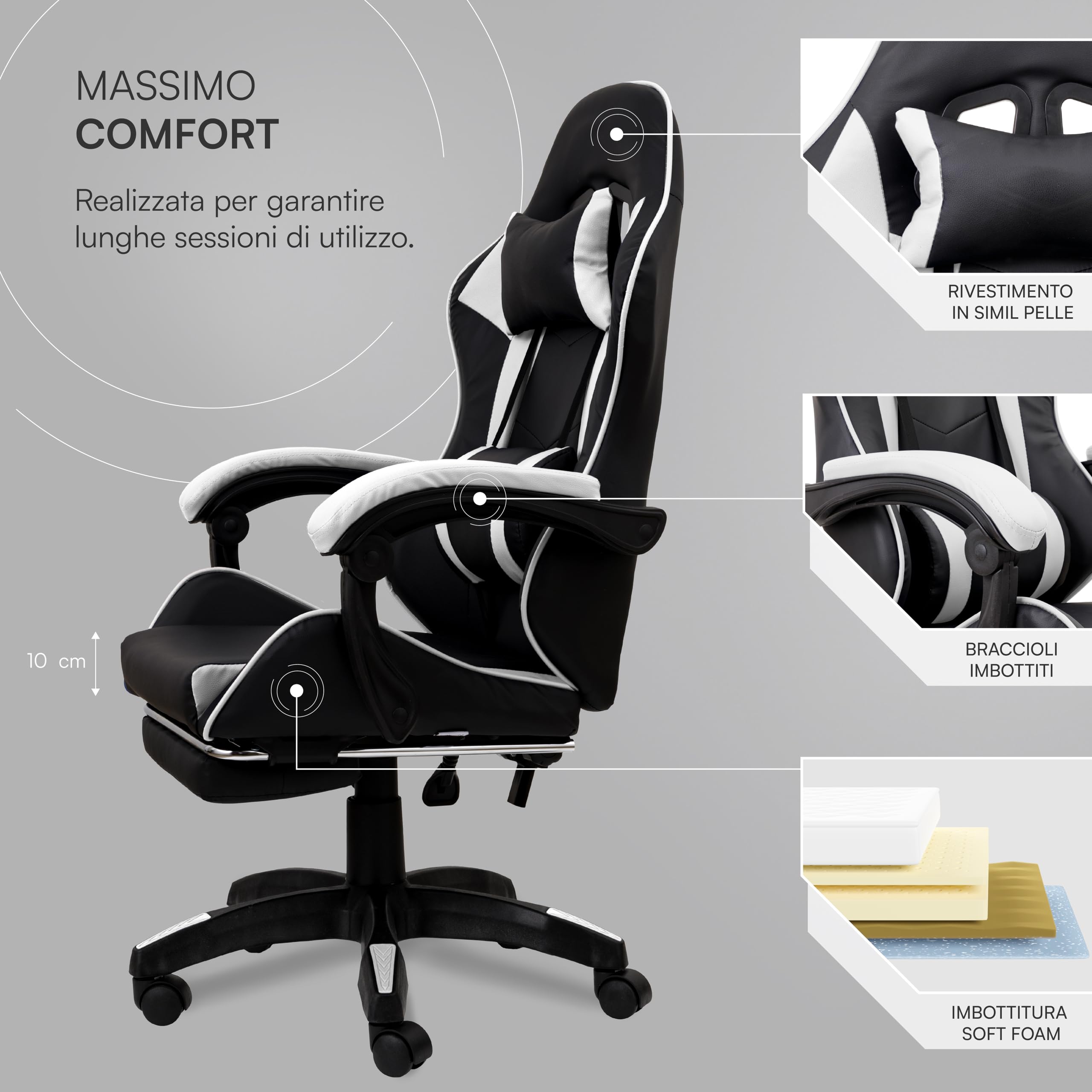 Baroni Home Sedia Gaming con Schienale Ergonomico Inclinabile e Altezza Regolabile, Sedia Ufficio con Supporto Lombare, Poggiatesta Imbottito e Poggiapiedi Estraibile, Bianco, 58x66x114-124 cm