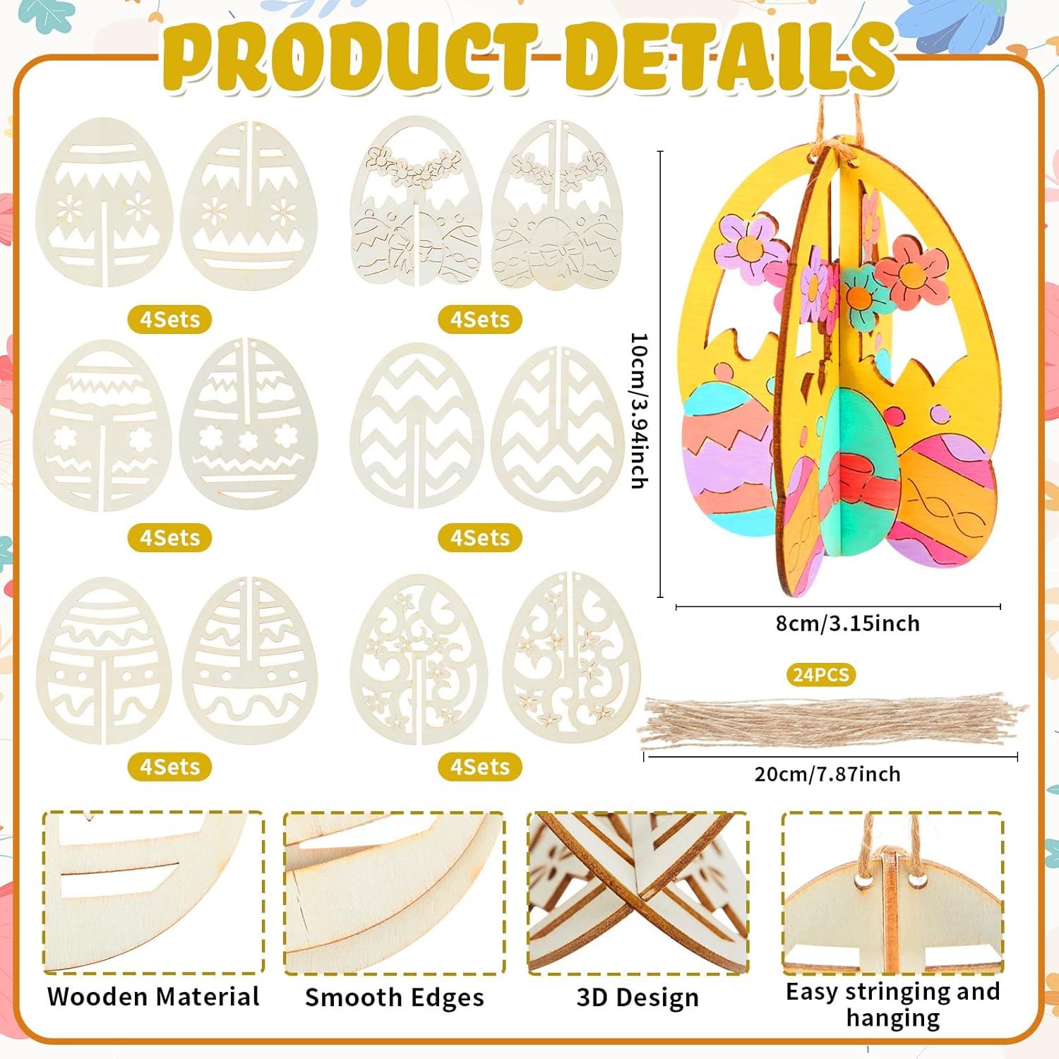 Chunful 48 Pcs DIY 3D Easter Eggs Wood Crafts to Paint, Unfinished Wooden Ornaments for Crafts, Blank Hollow Easter Hanging Egg Cutouts Wood Slice for Painting Spring Home Hanging Decor