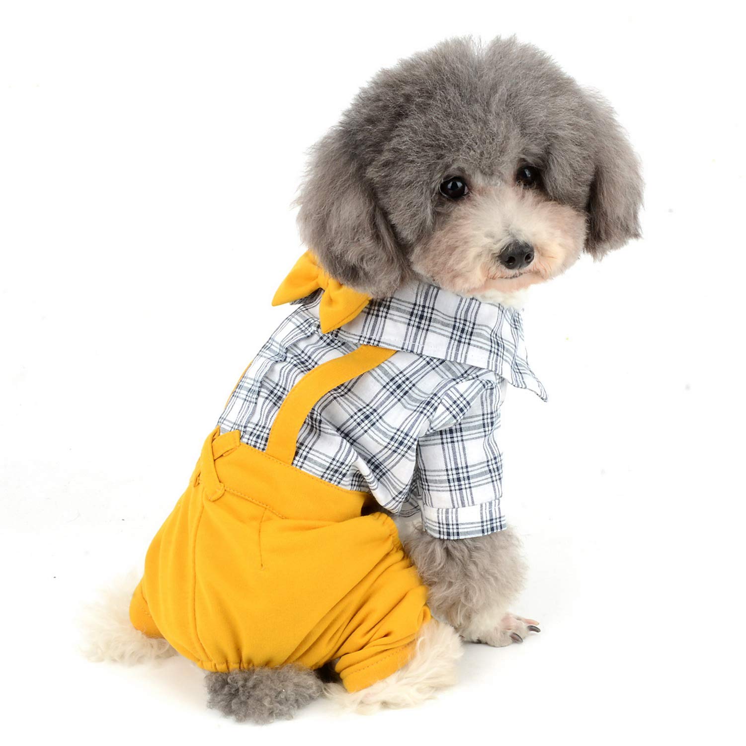 Zunea Dog Plaid Jumpsuit with Bow Gentle Overalls Formal Puppy Outfits Costume Western Four Legs Rompers Party Wedding Pet Cats Clothes for Small Dogs Boy Yellow XXL