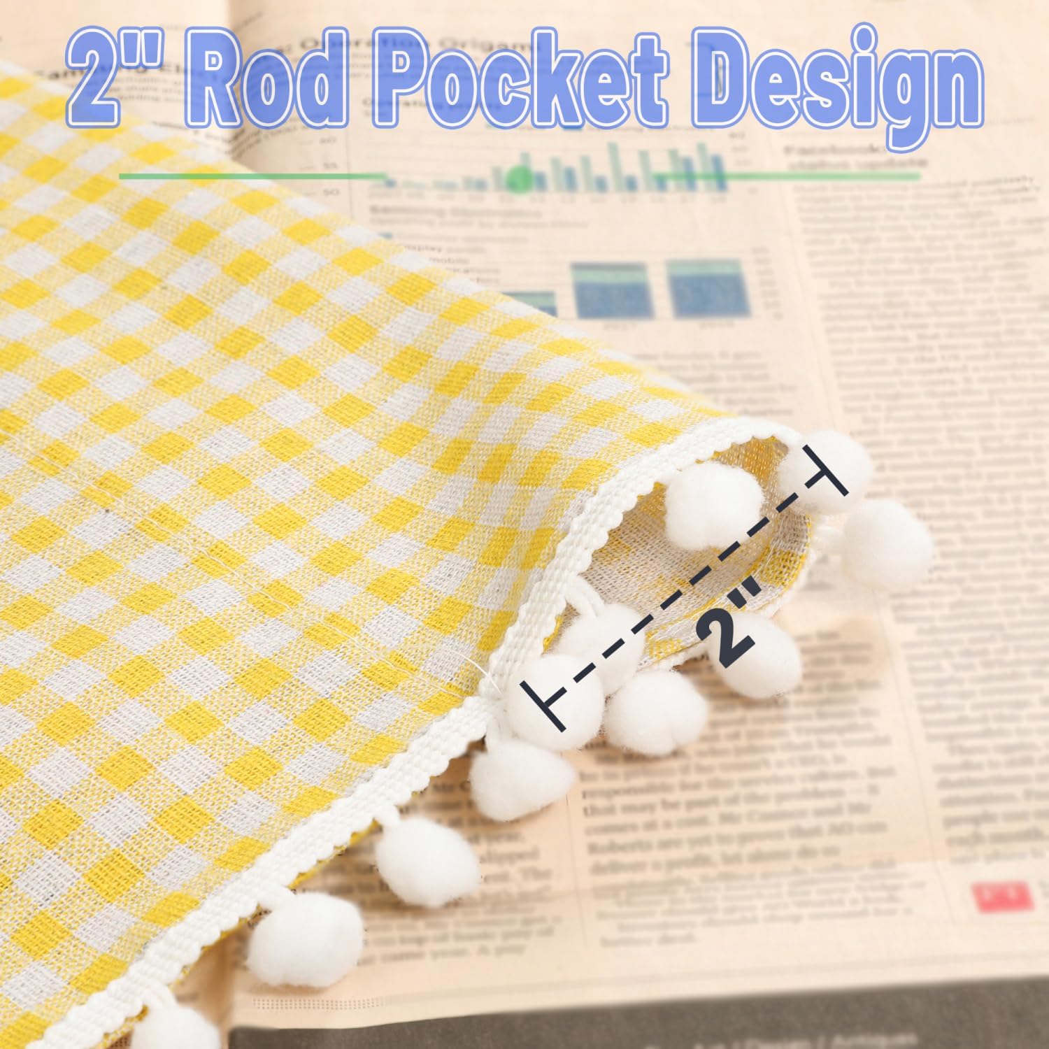 1 Pair Yellow Plaid Linen Curtains Rustic Country Style Light Filtering Rod Pocket Window Drapes with White Pom Pom, 52" W x 84" L