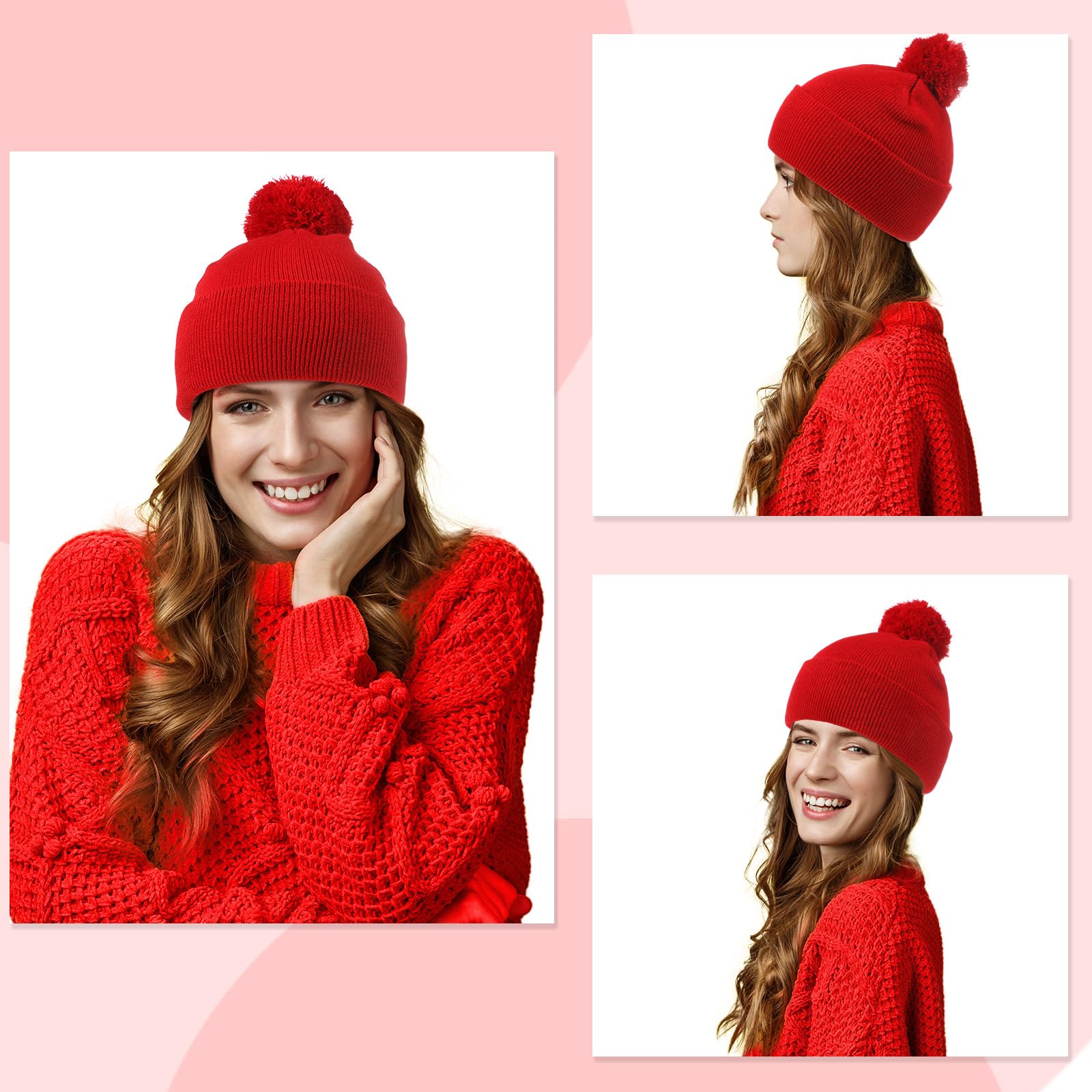 Yaomiao 6 gorros de punto de invierno para mujer, con pompón de piel sintética, universales, de felpa, para hombres, mujeres y adultos, Negro, azul marino, verde militar, gris lino, borgoña, blanco,
