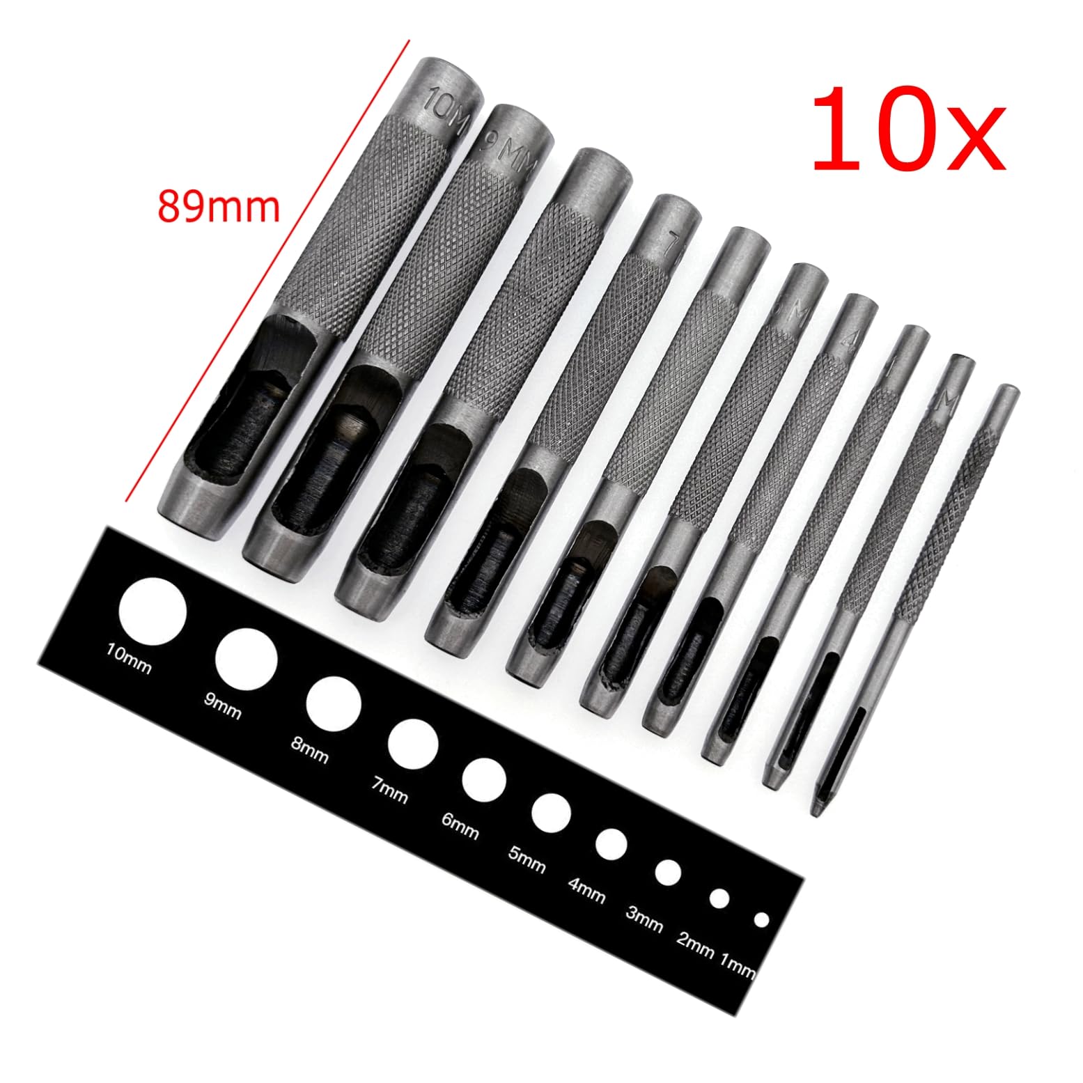 JZK 10 X Ensemble de Poinçons Creux Ronds en Acier, Coupeur de Perforation en Cuir pour Joint de Bracelet de Montre, Tissu de Chaussure, Toile, Papier, Oeillet de Vêtements (1 mm à 10 mm)