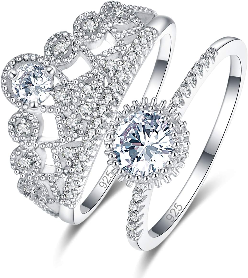 Narica Women 925 Silver Plated White Topaz Round Cut Halo Wedding Engagement Crown Ring Set 2PCS Size 6