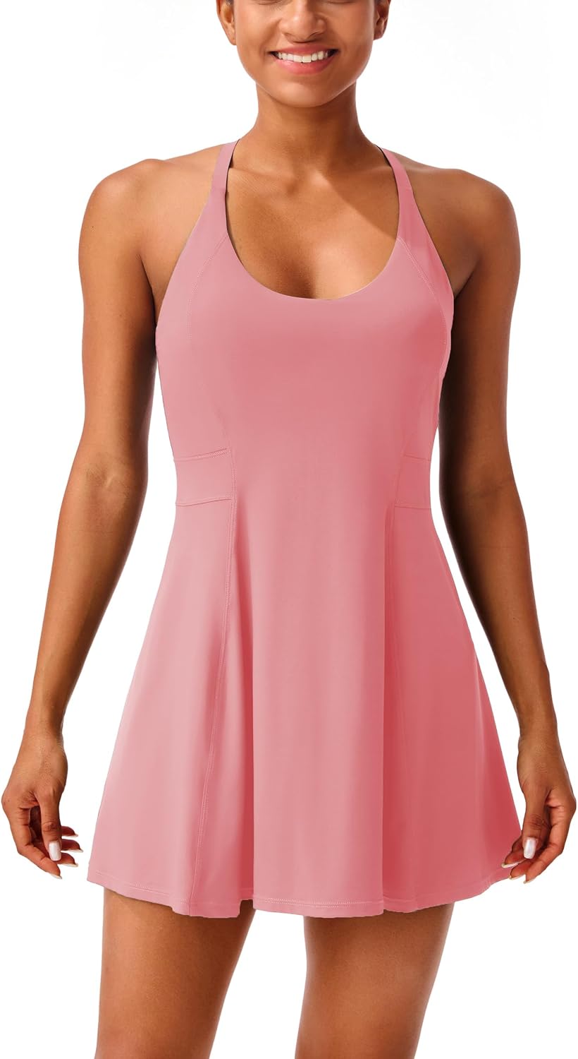 Womens Tennis Dress with Adjustable Straps Built-in Bra Workout Athletic Golf Summer Dress Non-Removable Shorts