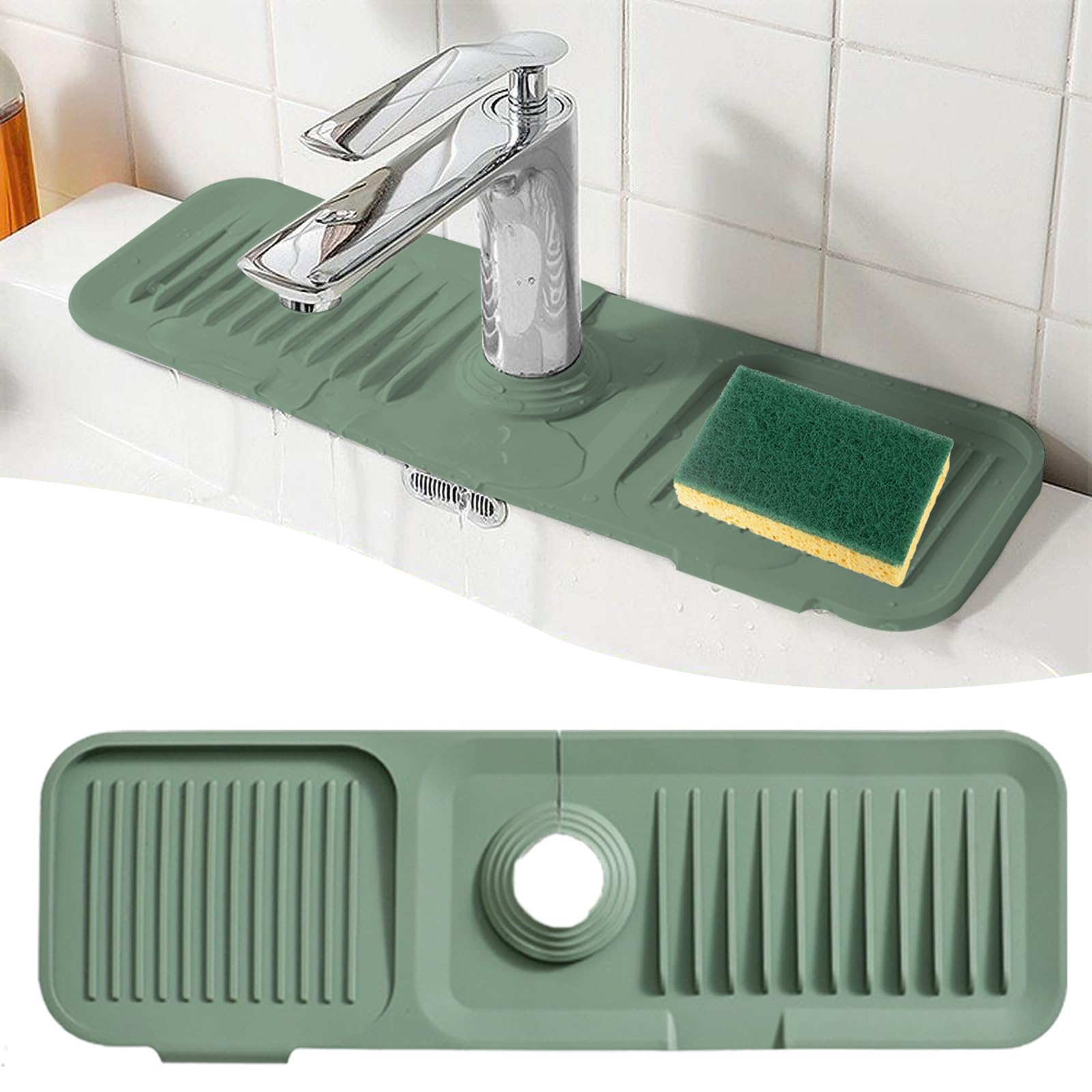 Bigladious Faucet Splash Guard, 17.7" x 5.5", Silicone Water Catcher Mat, Faucet Sink Mat for Kitchen, Bathroom, Farmhouse and Laundry Room (17.7 in, Green)