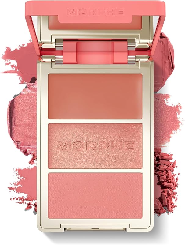 Morphe Cheek Thrills Multi-Finish Face Trio - Blush for Cheeks with Cream, Balm, and Powder Finishes - Buildable Monochromatic Face Palette for Glow and Dimension - Beach Bonfire (0.38 oz)