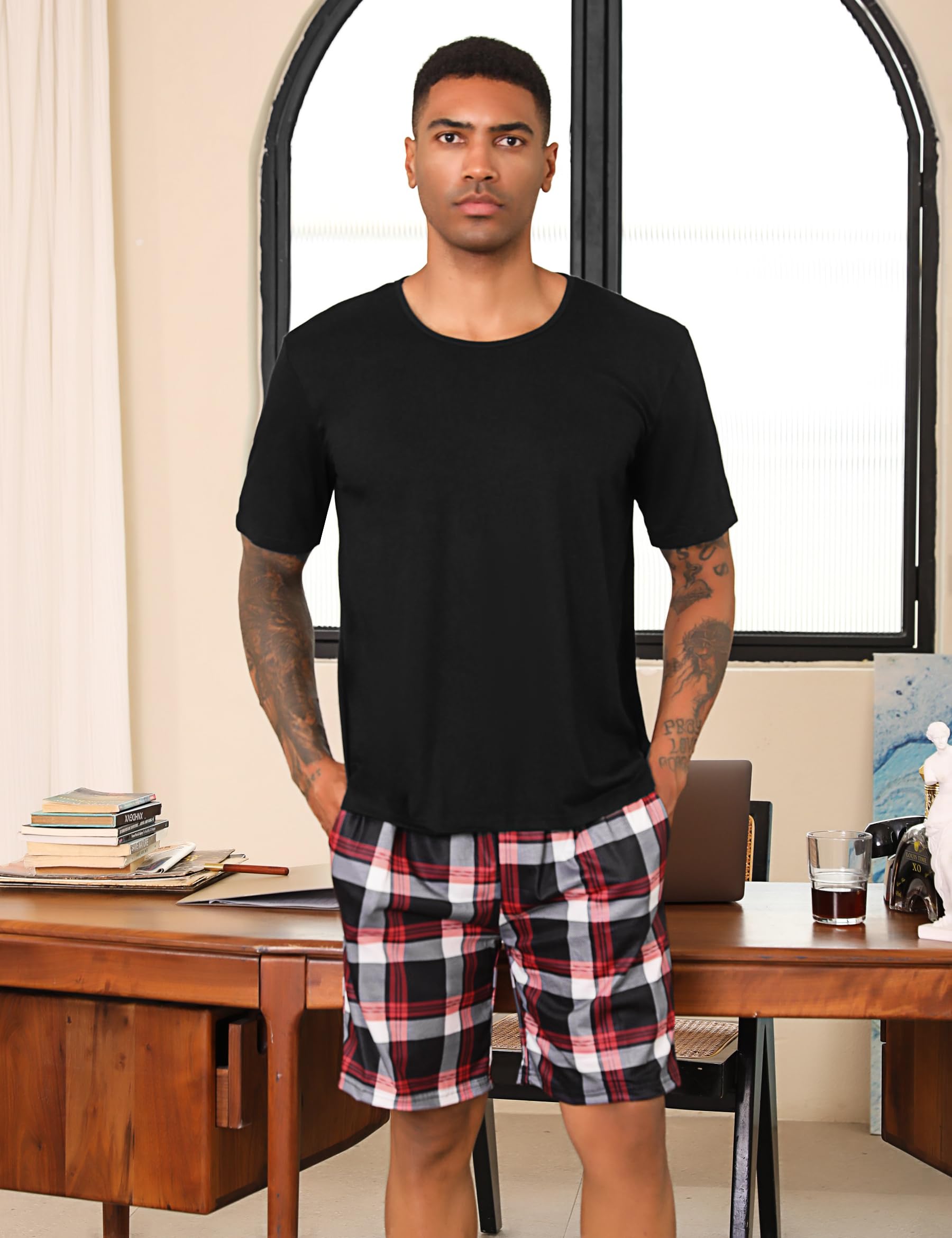 Uniexcosm Pijama Hombre Corto, Pijamas Cuadros Hombre Pijama Algodón Hombre Cómodo Pijamas 2 Piezas Hombre de Cuello Redondo Ropa de Dormir para Hombre con Bolsillo para Hogar