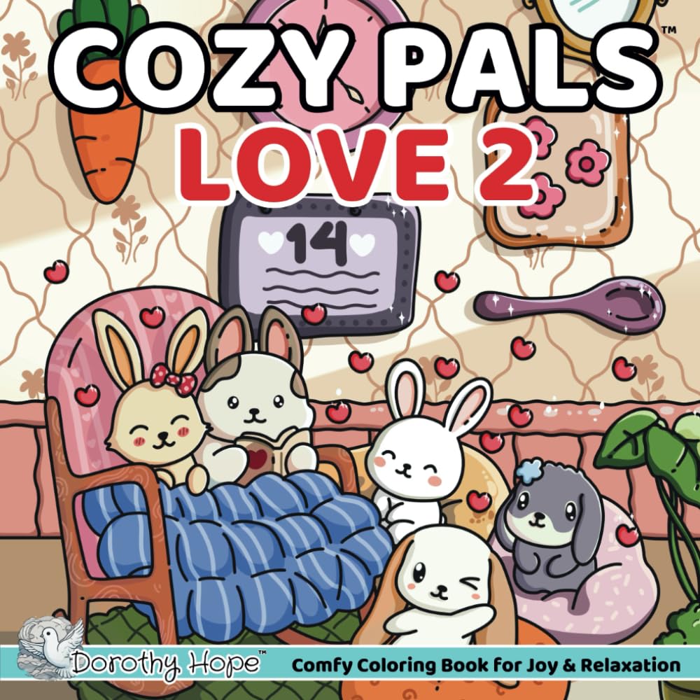 Cozy Pals LOVE 2: Comfy Coloring Book for Adults and Teens Featuring Cute Adorable Bunnies in Hygge Moments for Relaxation (Bold & Simple, Cute & Easy) (COZY PALS Series)