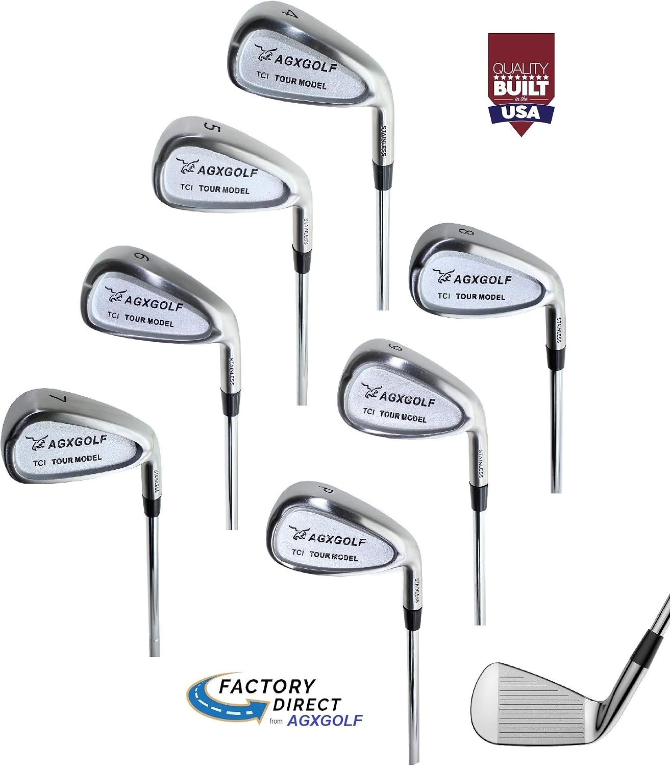 Men's Tour TCI Irons Set 4-9 Irons + Pitching Wedge + Bonus Sand Wedge, Stainless Steel: Senior, Regular or Stiff Flex Cadet, Regular or Tall Length; Right Hand