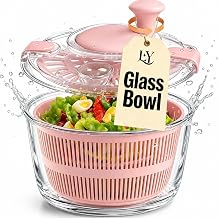 5.2 Qt Glass Salad Spinner, Large Salad Spinner with Borosilicate Glass Bowl, Drain Spout Lid, Crank Handle, Removable Basket, Lettuce Dryer for Fruits Vegetables Herbs, Pink