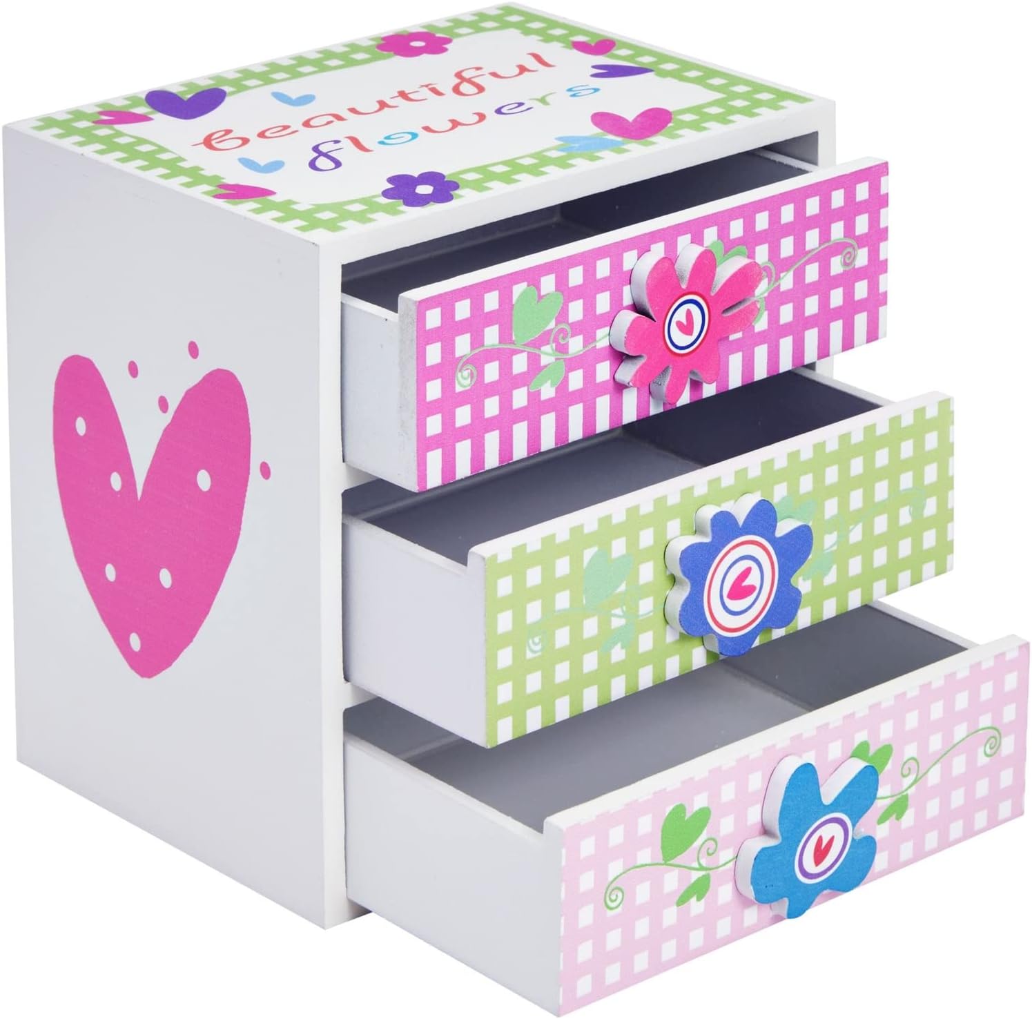 Small Floral Little Girls Jewelry Box with 3 Drawers and Flower Knobs, Square Wooden Organizer for Necklaces, Earrings, Rings, Kids Ages 4-13 Hair Accessory Storage (6 x 4.5 in)