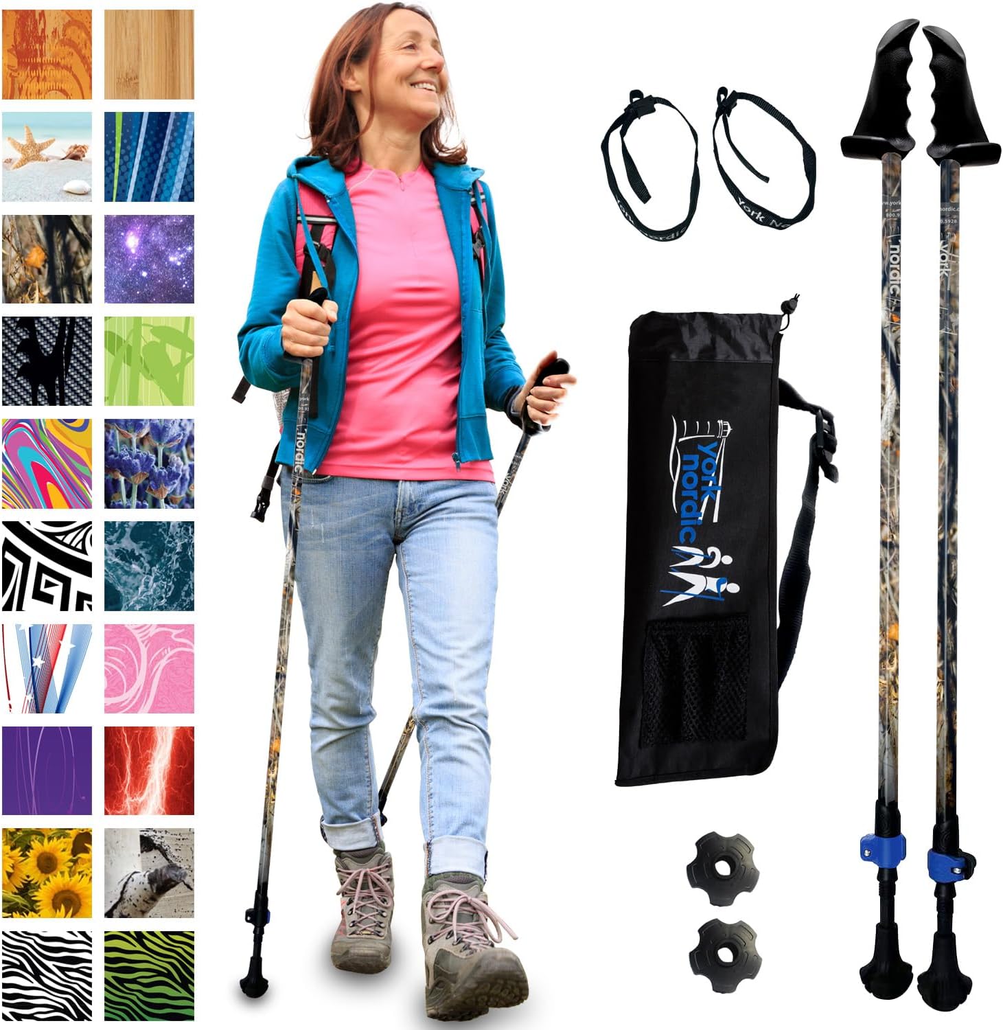 York Nordic Motivator Walking Poles for Balance and Rehab – Patented Stability Grips – Lightweight, Adjustable, and Collapsible – 2 Pieces Adjustable w/flip Locks – Heights 4’6″ up to 6’2″ – 230 lbs